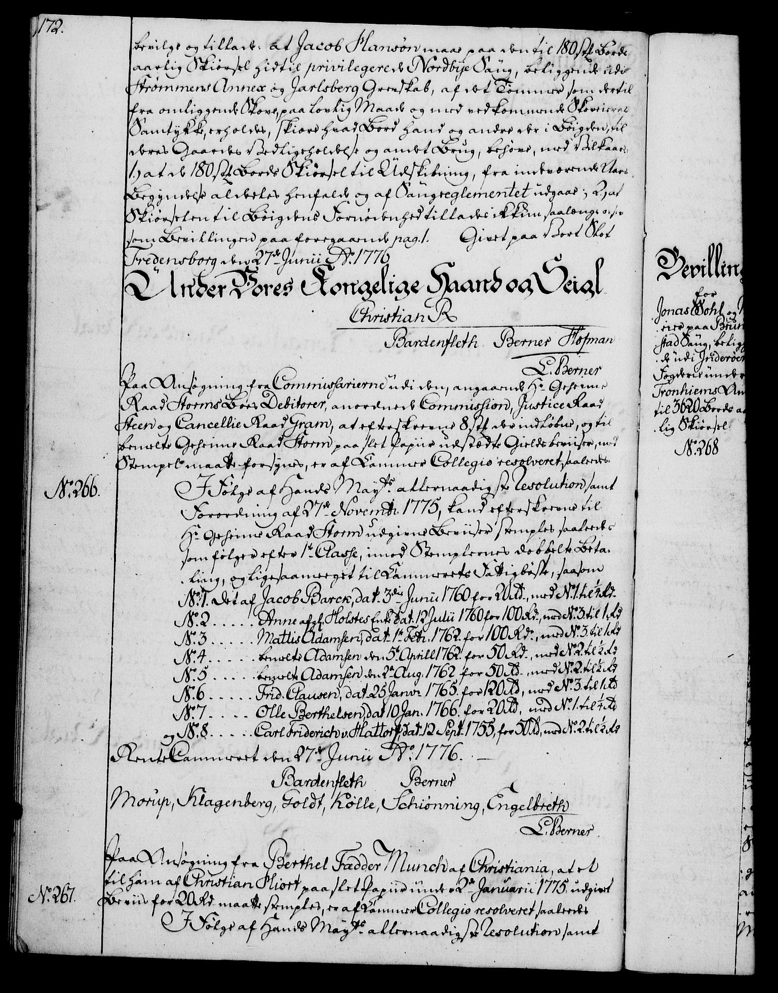 Rentekammeret, Kammerkanselliet, RA/EA-3111/G/Gg/Gga/L0010: Norsk ekspedisjonsprotokoll med register (merket RK 53.10), 1773-1778, p. 172