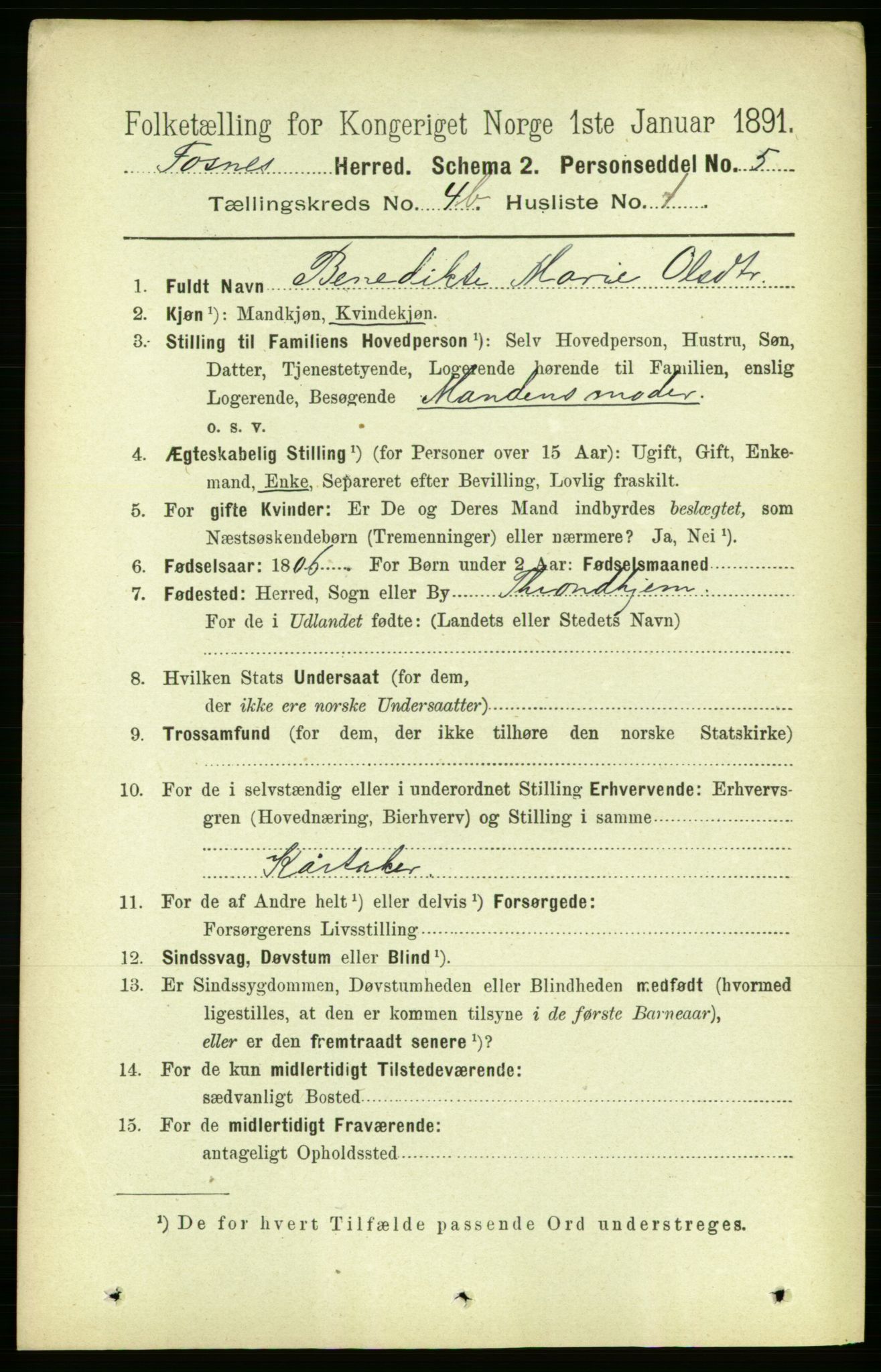 RA, 1891 census for 1748 Fosnes, 1891, p. 1713