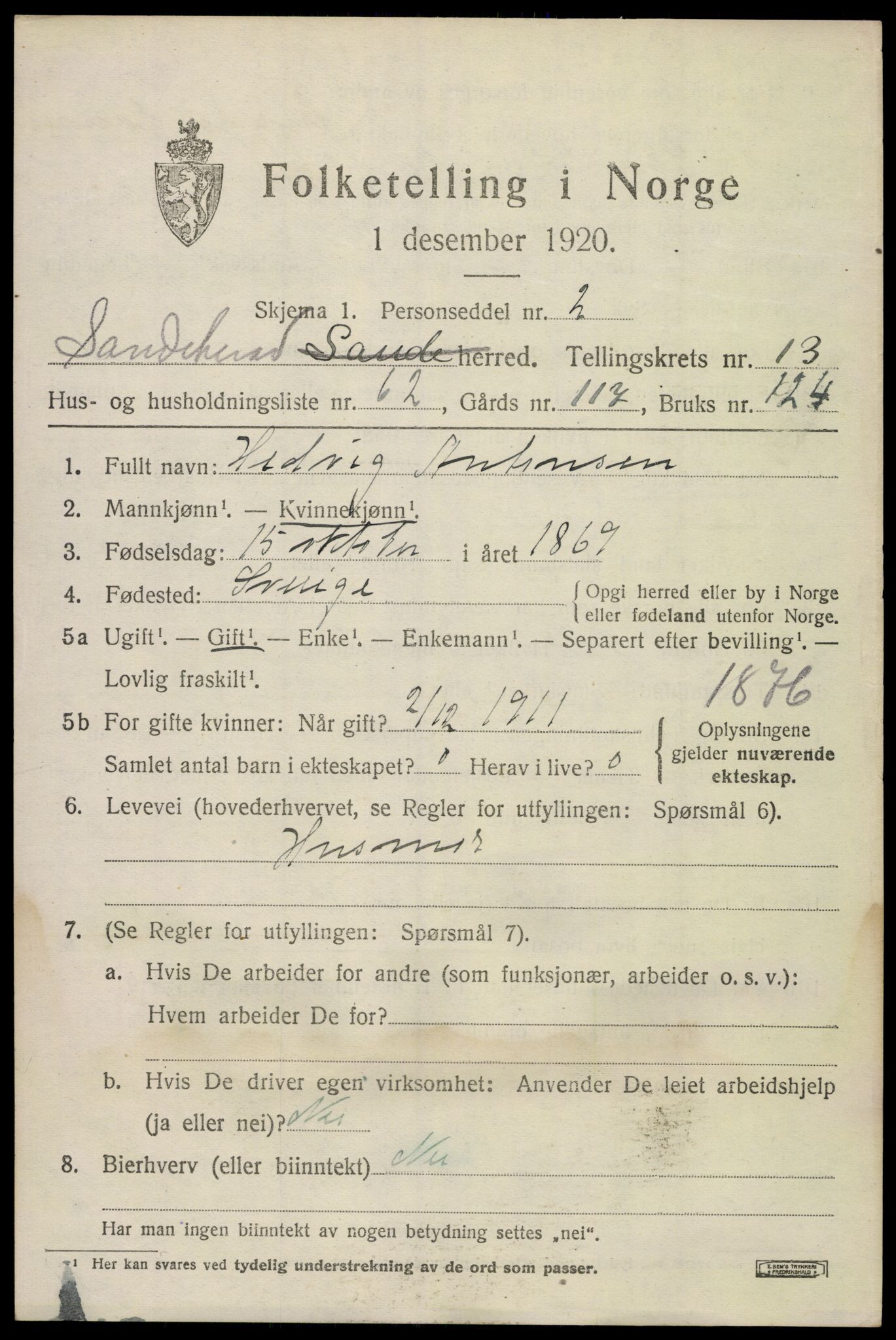 SAKO, 1920 census for Sandeherred, 1920, p. 20152