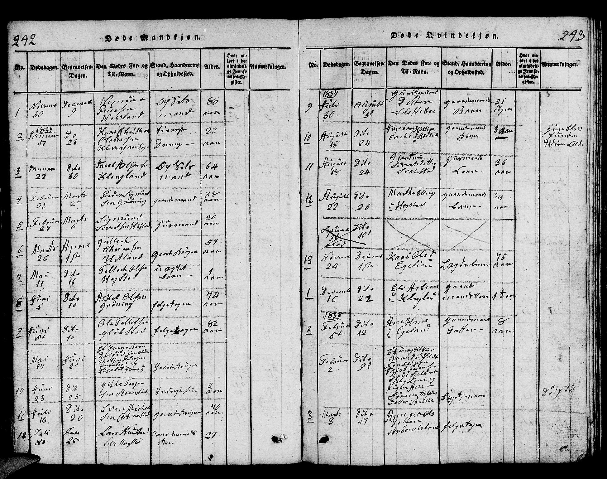 Helleland sokneprestkontor, SAST/A-101810: Parish register (copy) no. B 1, 1815-1841, p. 242-243