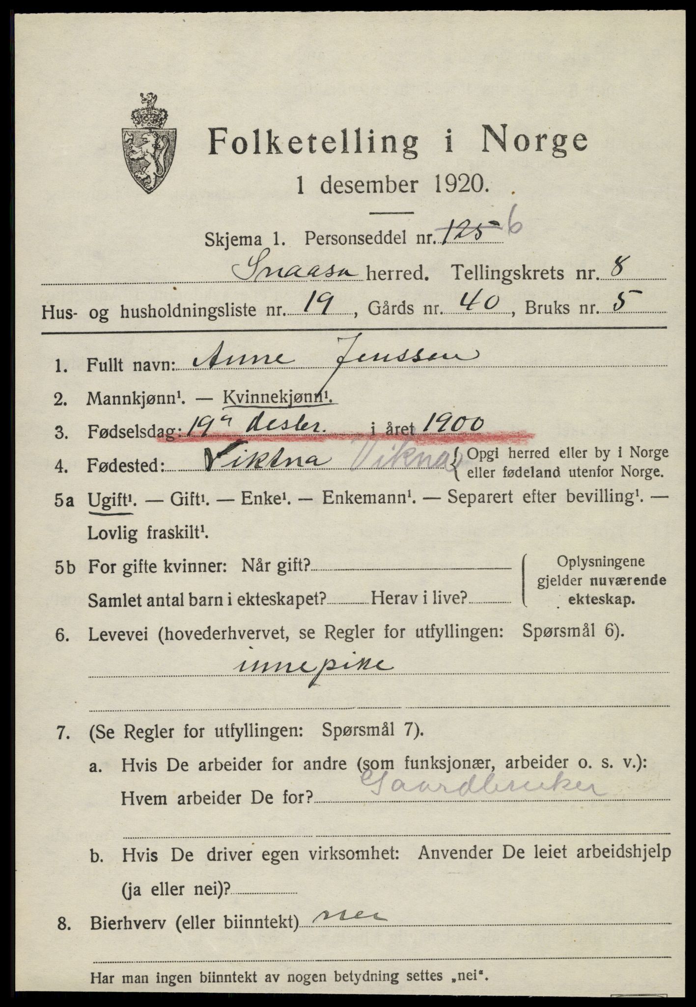 SAT, 1920 census for Snåsa, 1920, p. 3418