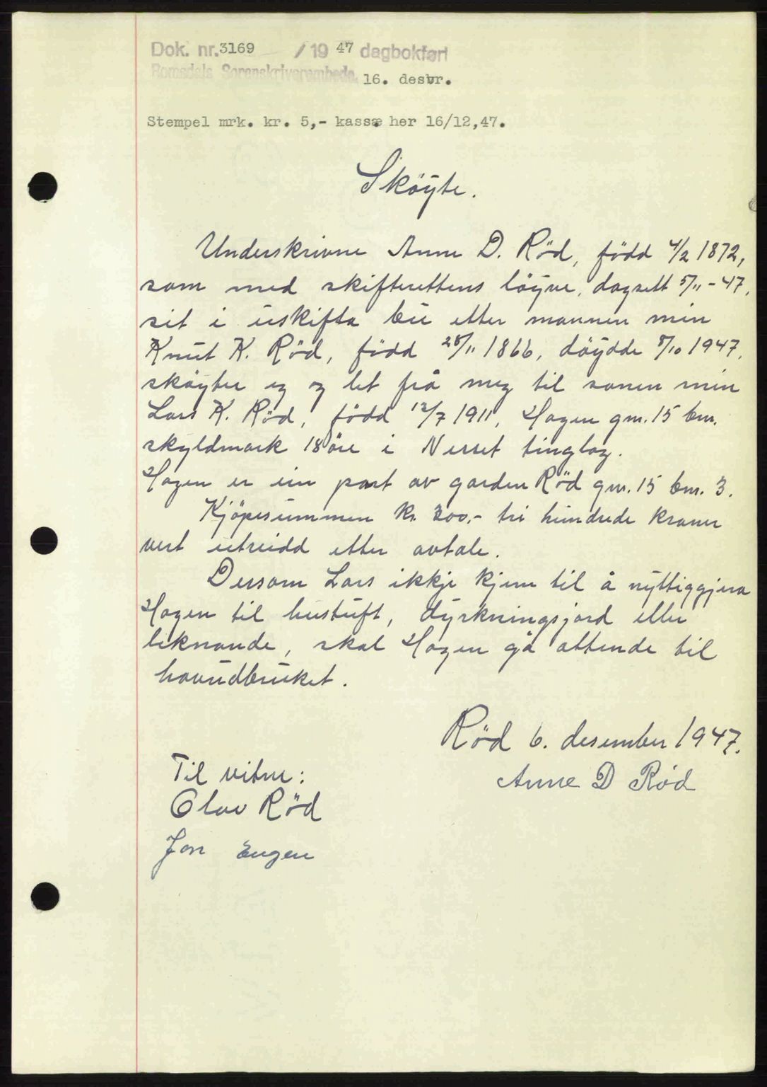 Romsdal sorenskriveri, SAT/A-4149/1/2/2C: Mortgage book no. A24, 1947-1947, Diary no: : 3169/1947