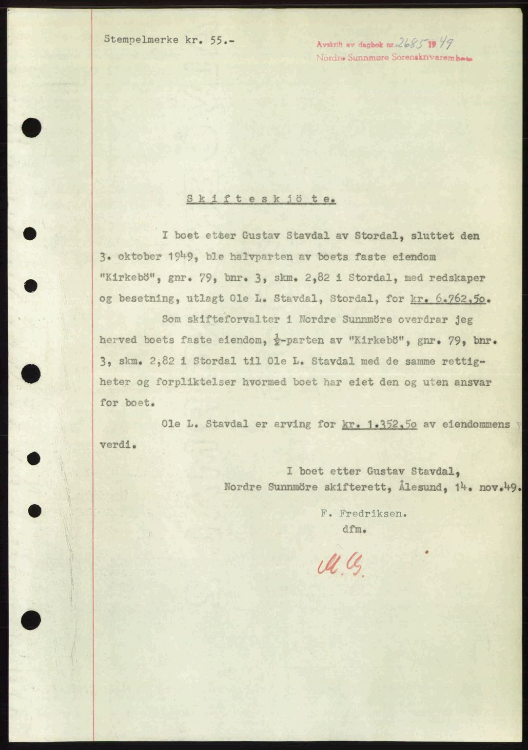 Nordre Sunnmøre sorenskriveri, AV/SAT-A-0006/1/2/2C/2Ca: Mortgage book no. A33, 1949-1950, Diary no: : 2685/1949