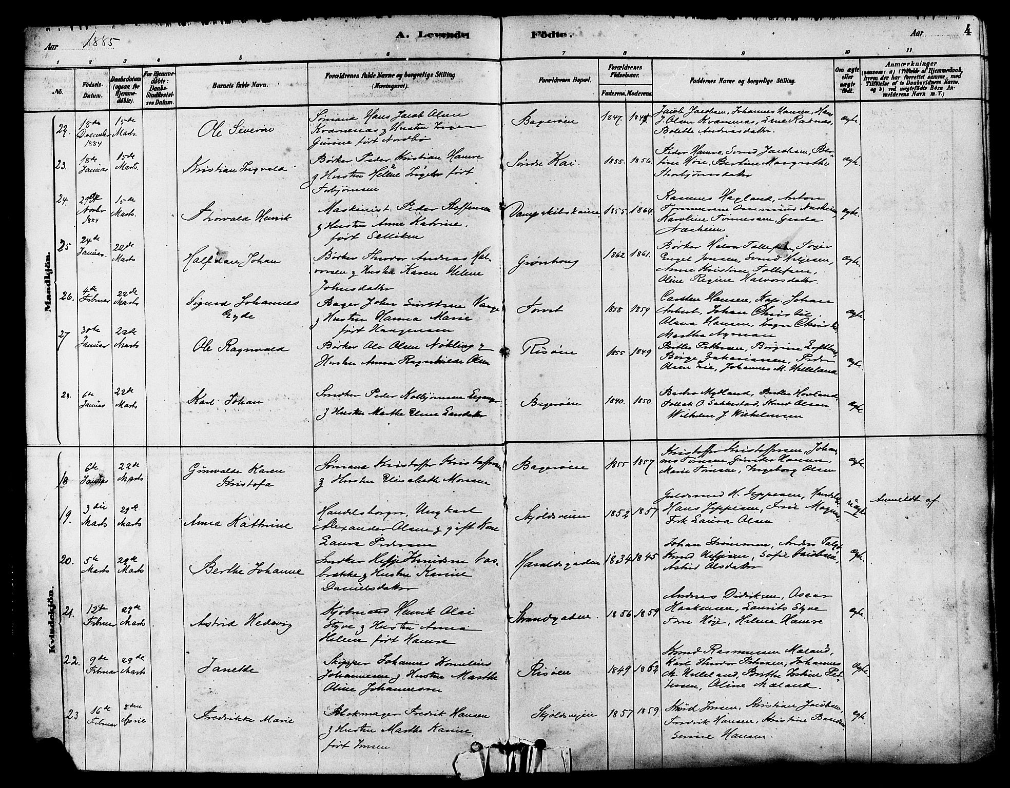 Haugesund sokneprestkontor, SAST/A -101863/H/Ha/Haa/L0003: Parish register (official) no. A 3, 1885-1890, p. 4