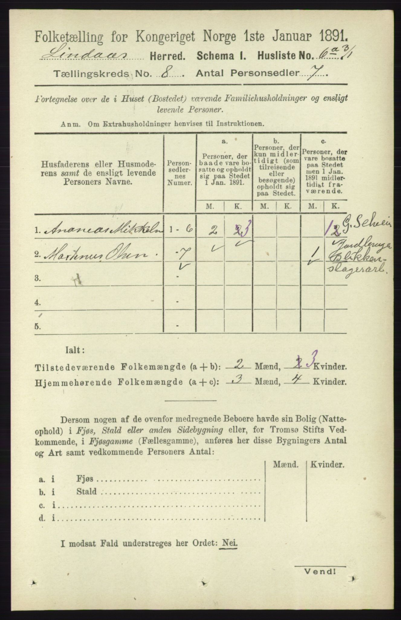 RA, 1891 census for 1263 Lindås, 1891, p. 2358