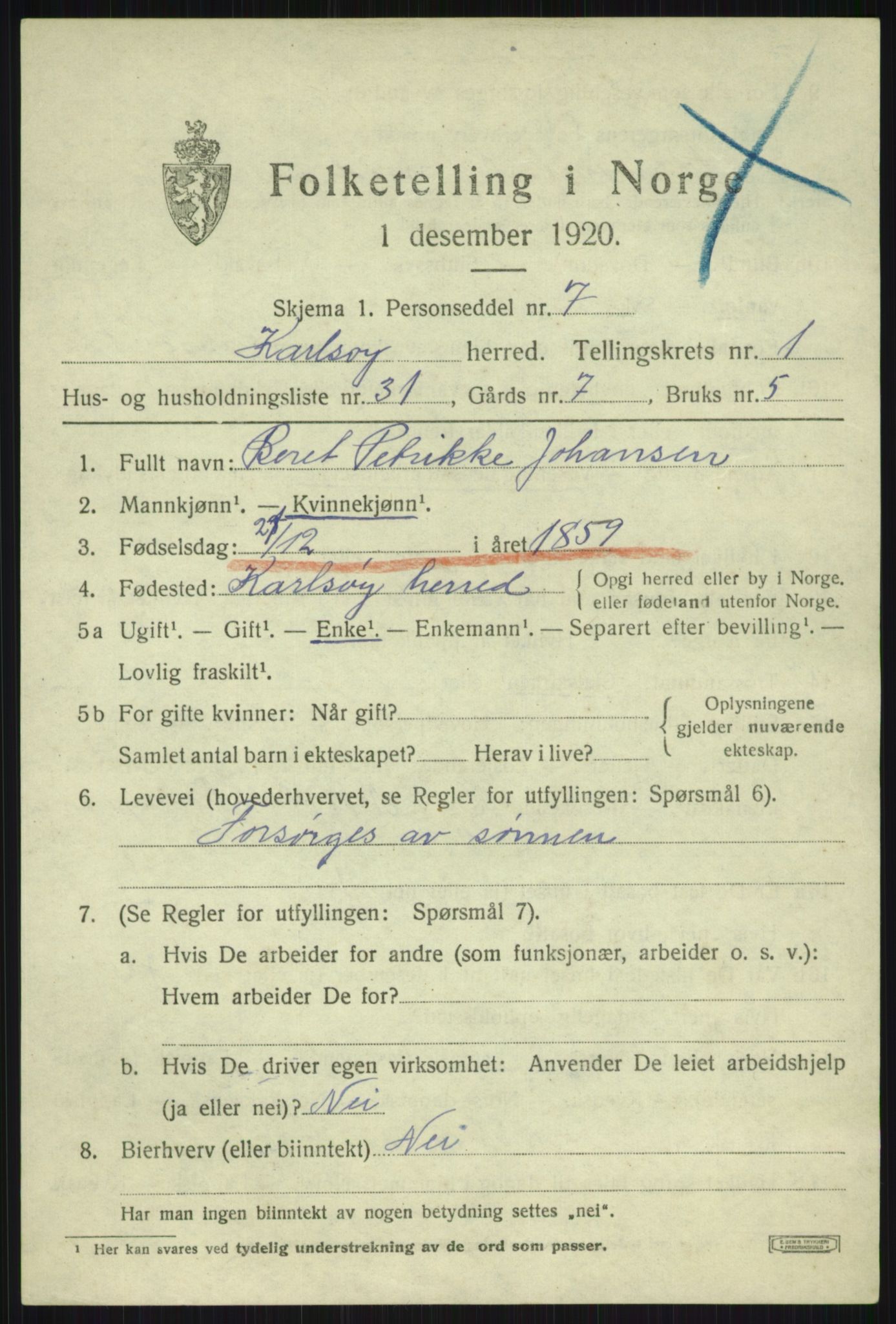 SATØ, 1920 census for Karlsøy, 1920, p. 1180