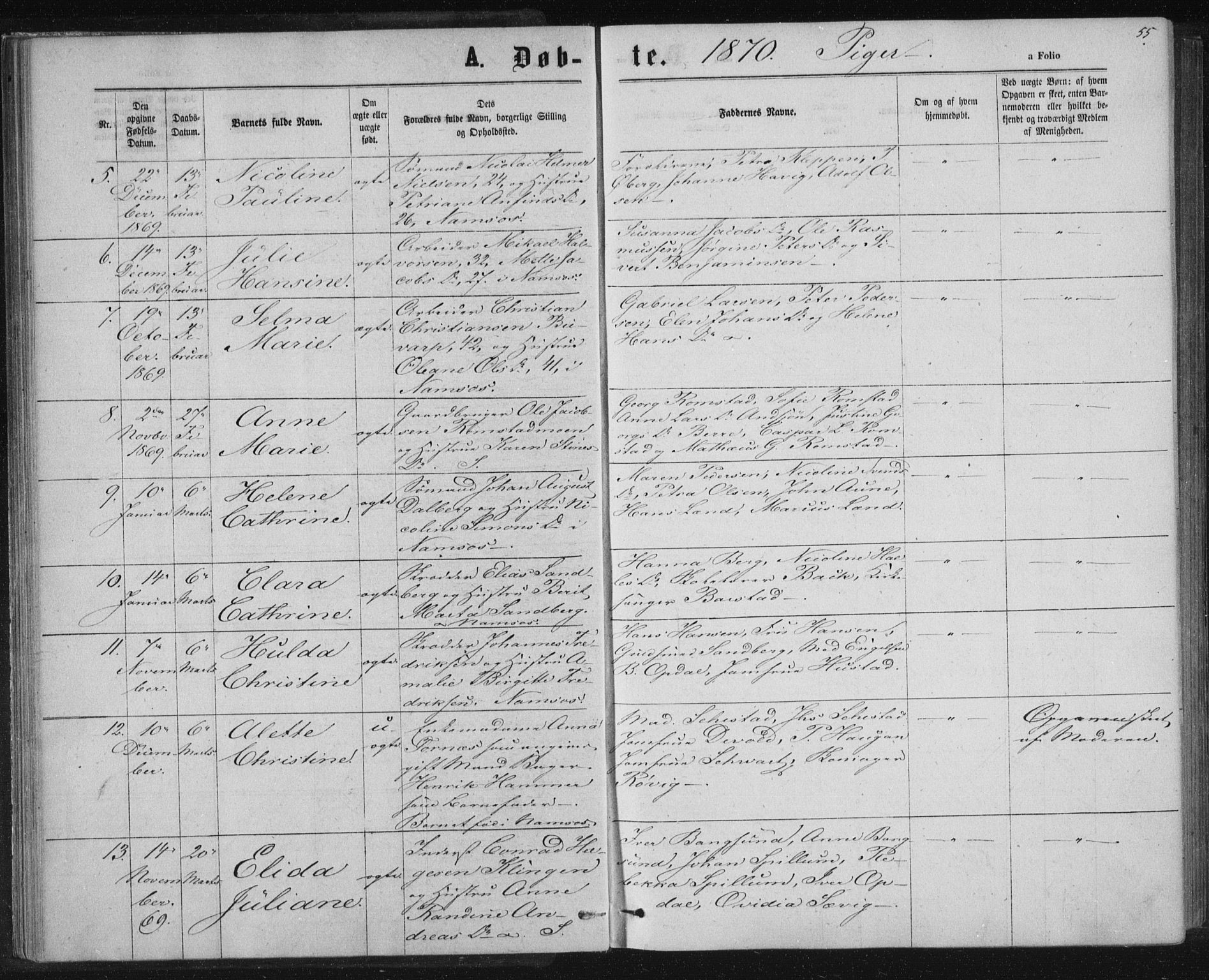 Ministerialprotokoller, klokkerbøker og fødselsregistre - Nord-Trøndelag, SAT/A-1458/768/L0570: Parish register (official) no. 768A05, 1865-1874, p. 55