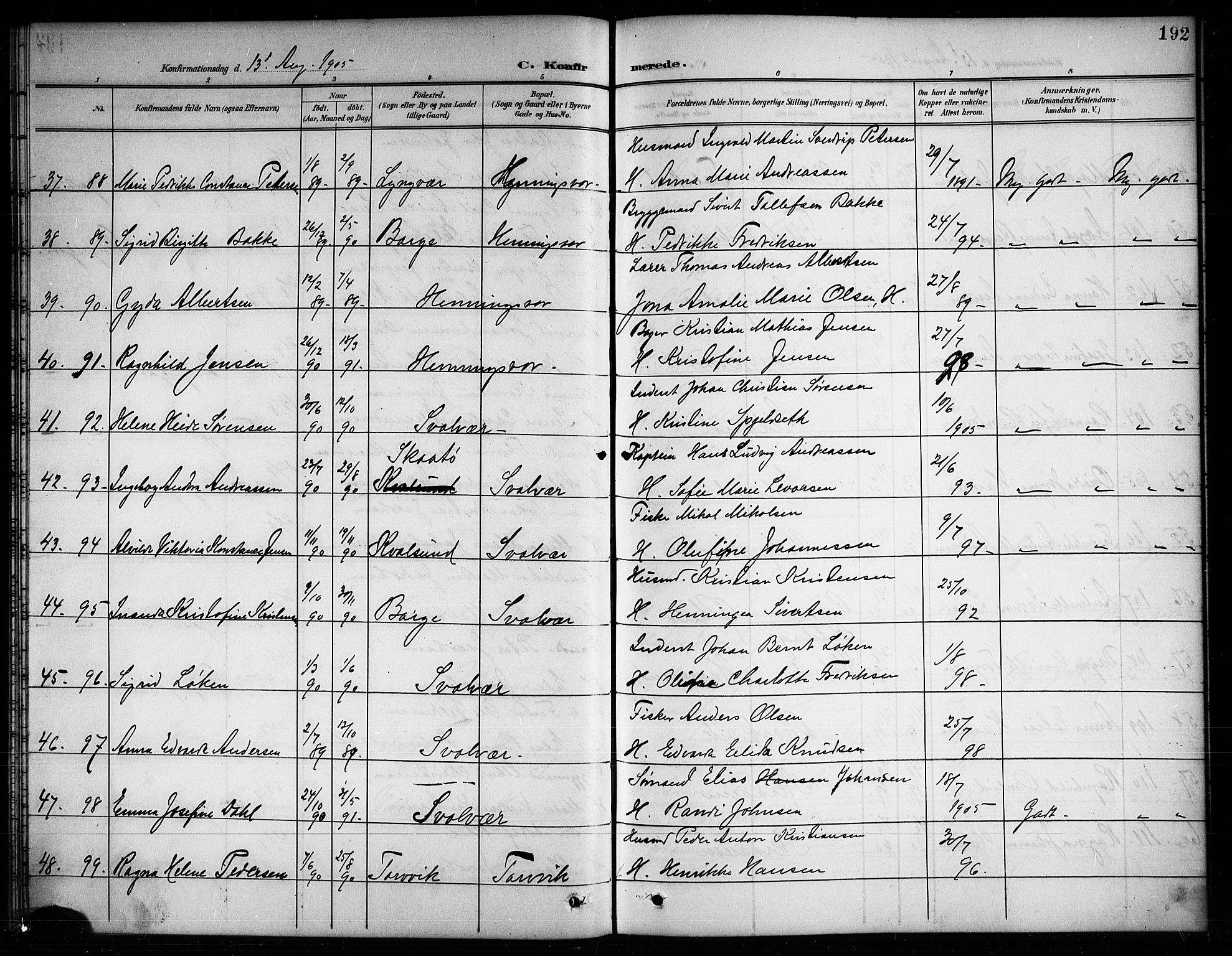 Ministerialprotokoller, klokkerbøker og fødselsregistre - Nordland, AV/SAT-A-1459/874/L1078: Parish register (copy) no. 874C07, 1900-1907, p. 192