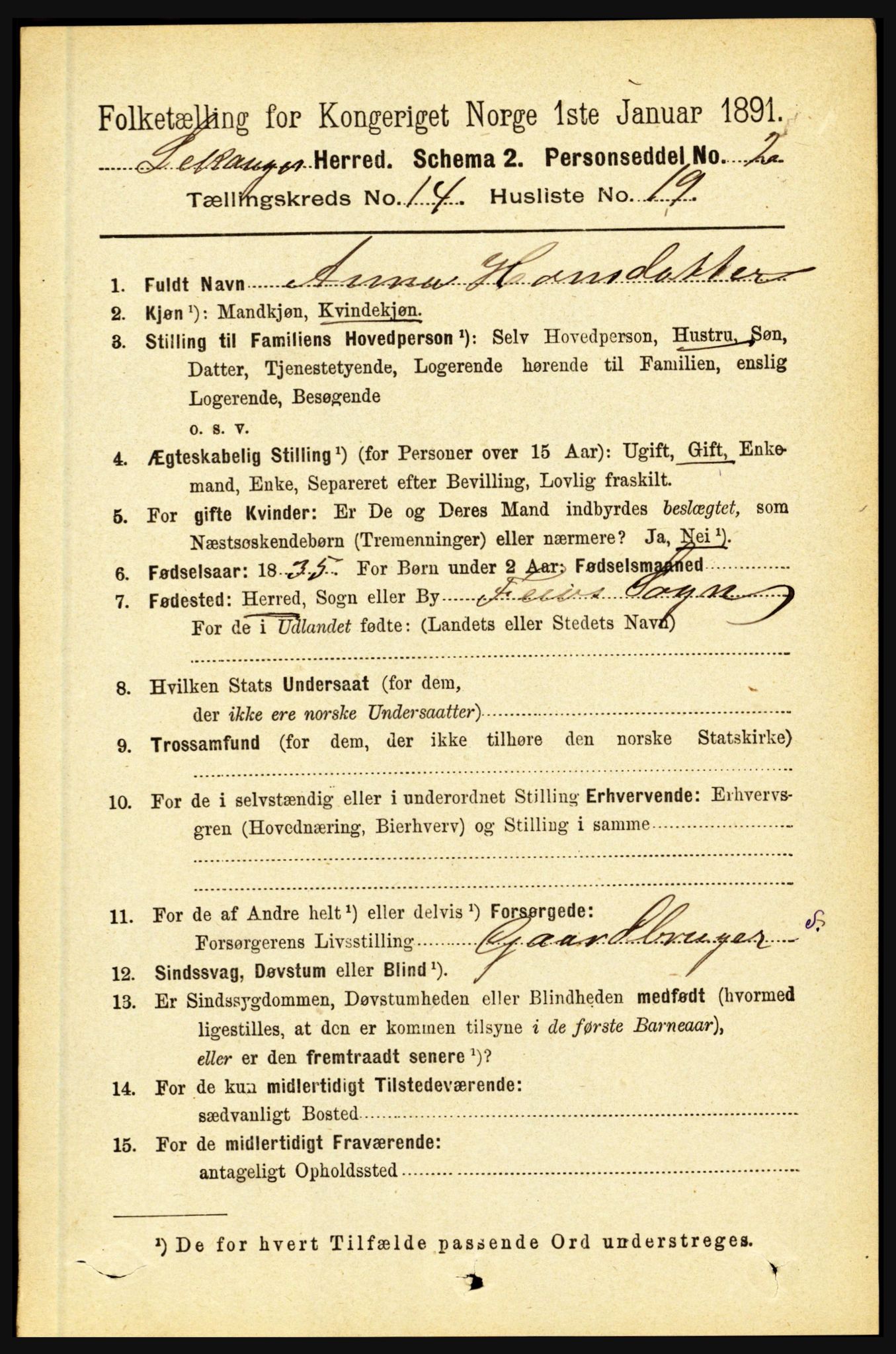 RA, 1891 census for 1419 Leikanger, 1891, p. 2814