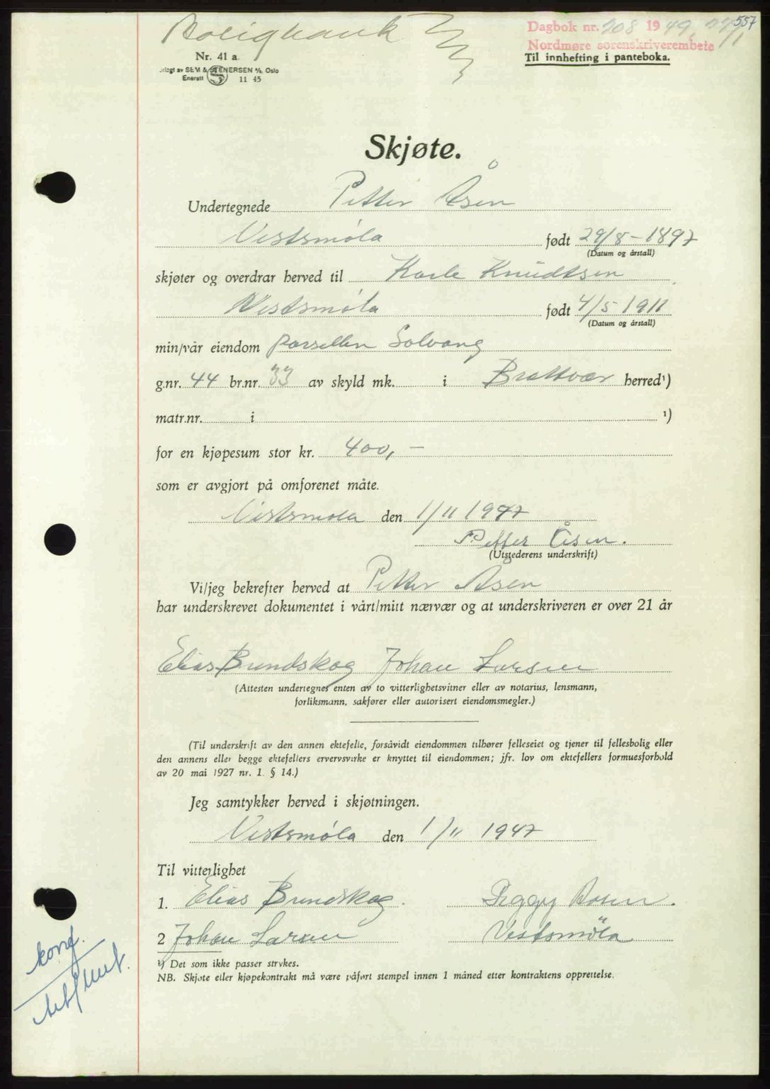 Nordmøre sorenskriveri, AV/SAT-A-4132/1/2/2Ca: Mortgage book no. A110, 1948-1949, Diary no: : 208/1949