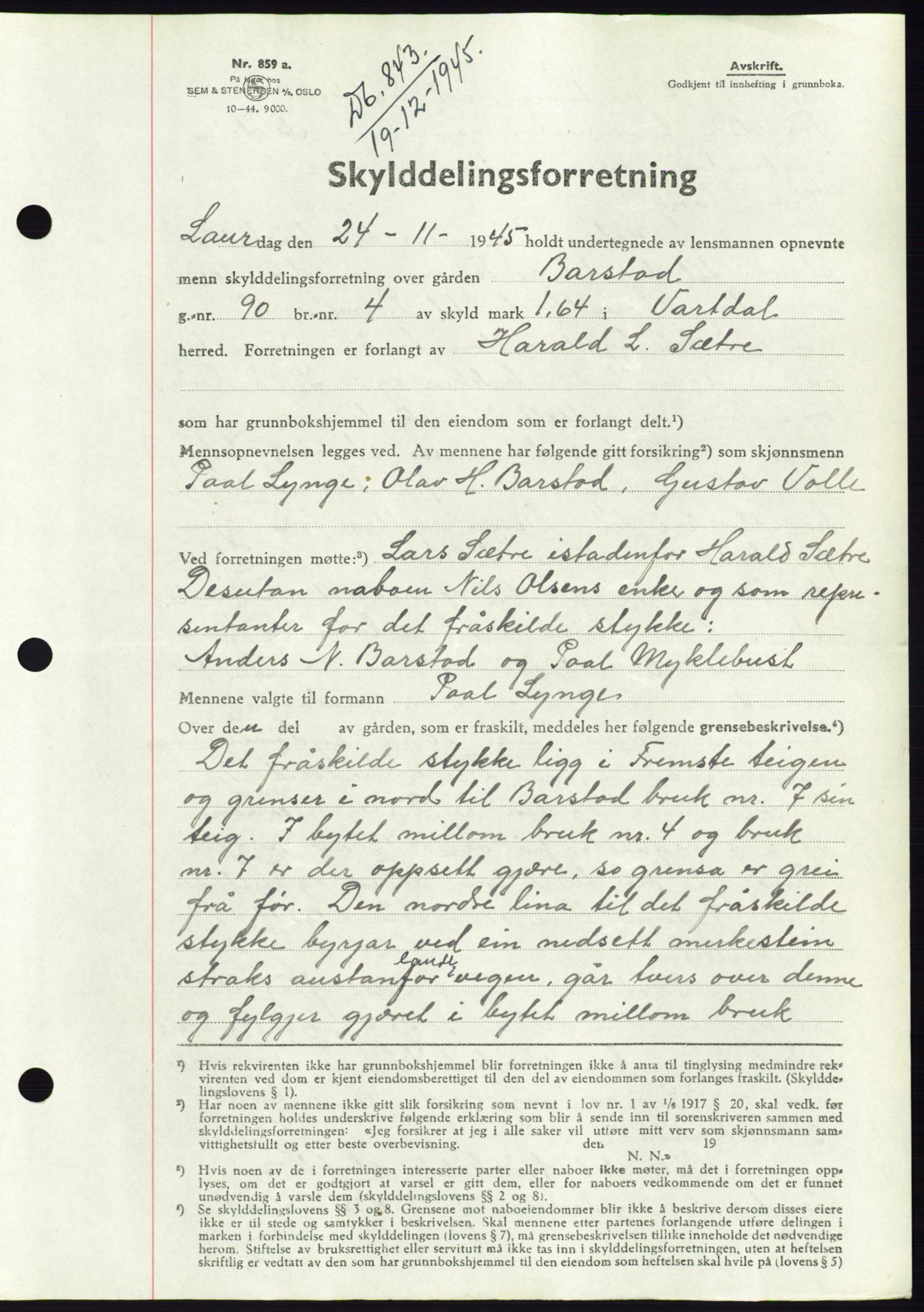 Søre Sunnmøre sorenskriveri, AV/SAT-A-4122/1/2/2C/L0077: Mortgage book no. 3A, 1945-1946, Diary no: : 843/1945