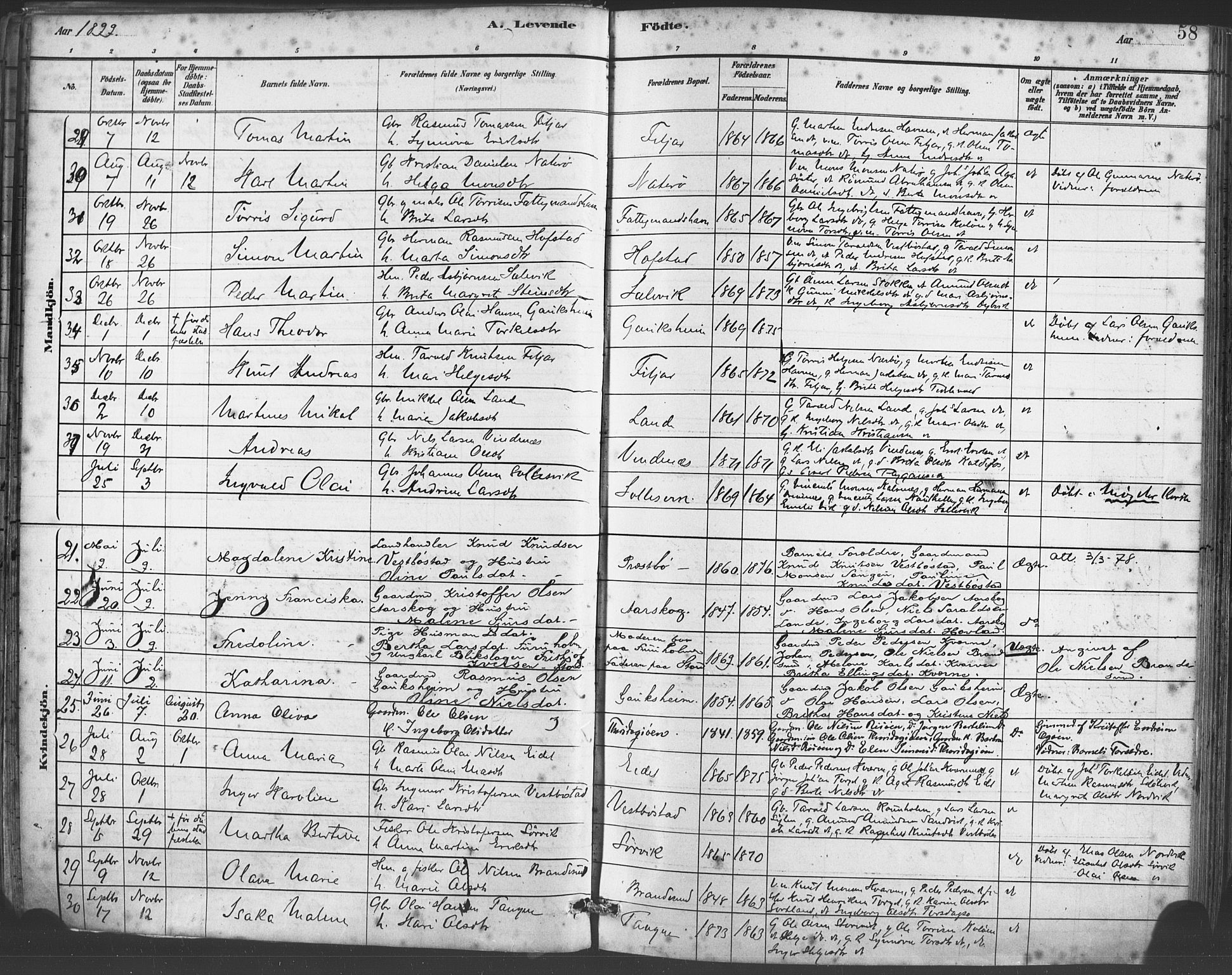 Fitjar sokneprestembete, AV/SAB-A-99926: Parish register (official) no. A 2, 1882-1899, p. 58