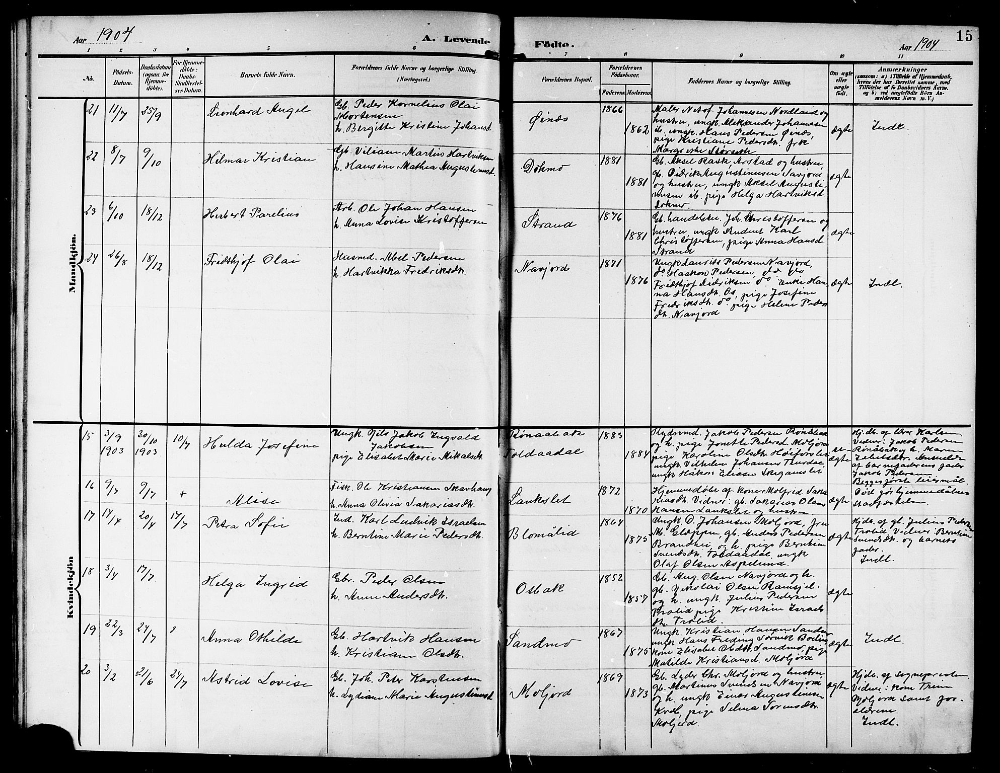 Ministerialprotokoller, klokkerbøker og fødselsregistre - Nordland, AV/SAT-A-1459/846/L0655: Parish register (copy) no. 846C05, 1902-1916, p. 15