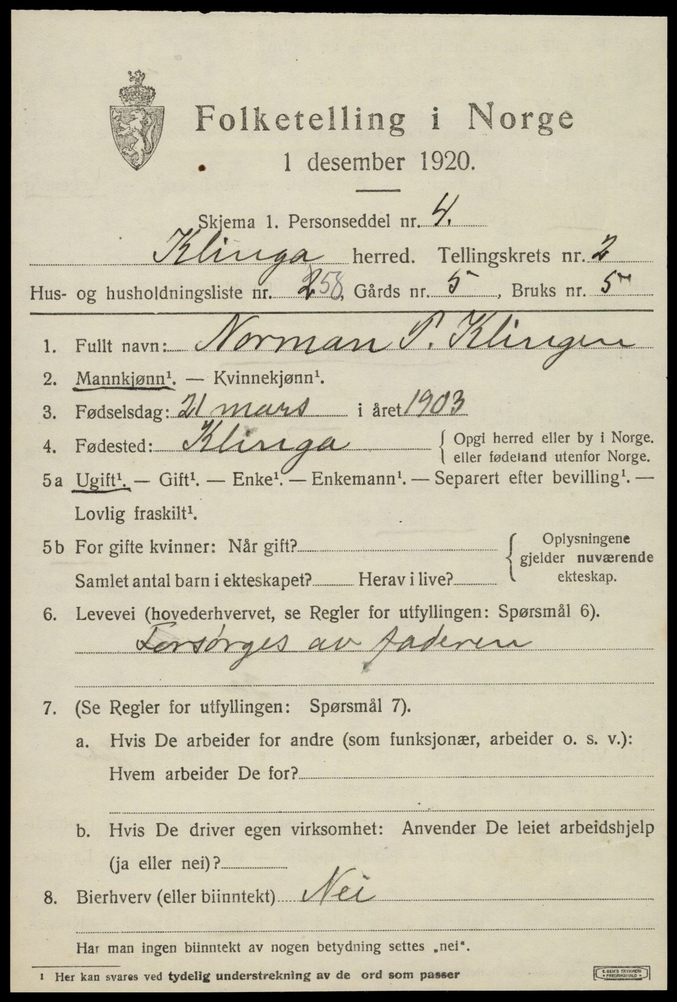 SAT, 1920 census for Klinga, 1920, p. 2063