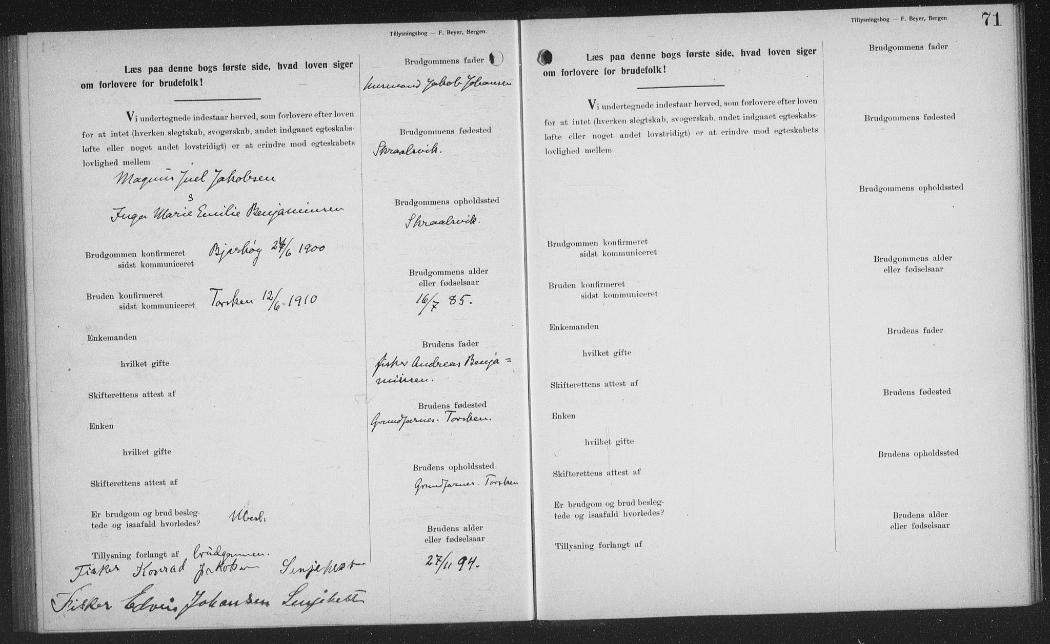 Sand/Bjarkøy sokneprestkontor, SATØ/S-0811/J/Jb/L0024: Banns register no. 24, 1905-1917, p. 71