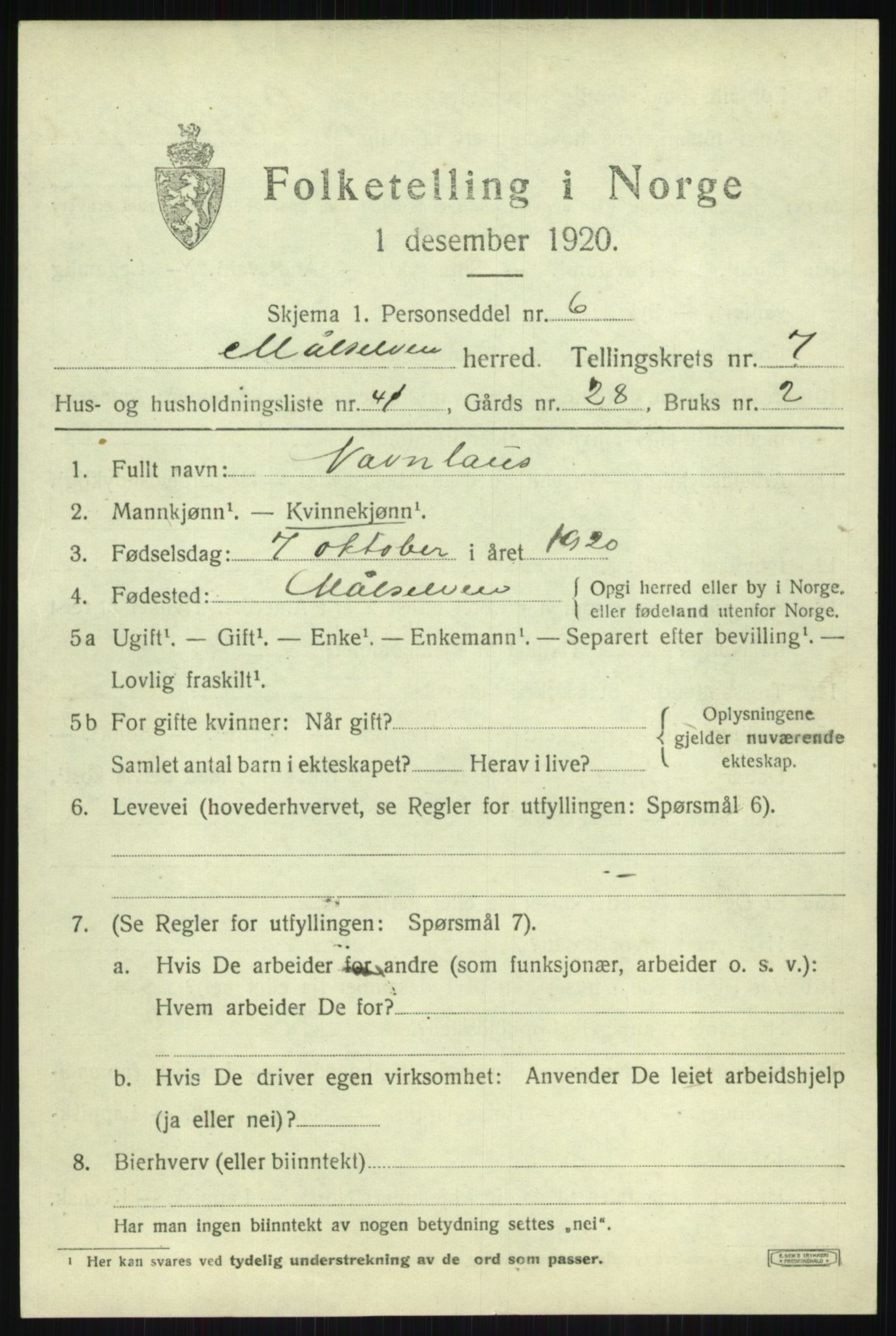 SATØ, 1920 census for Målselv, 1920, p. 4837