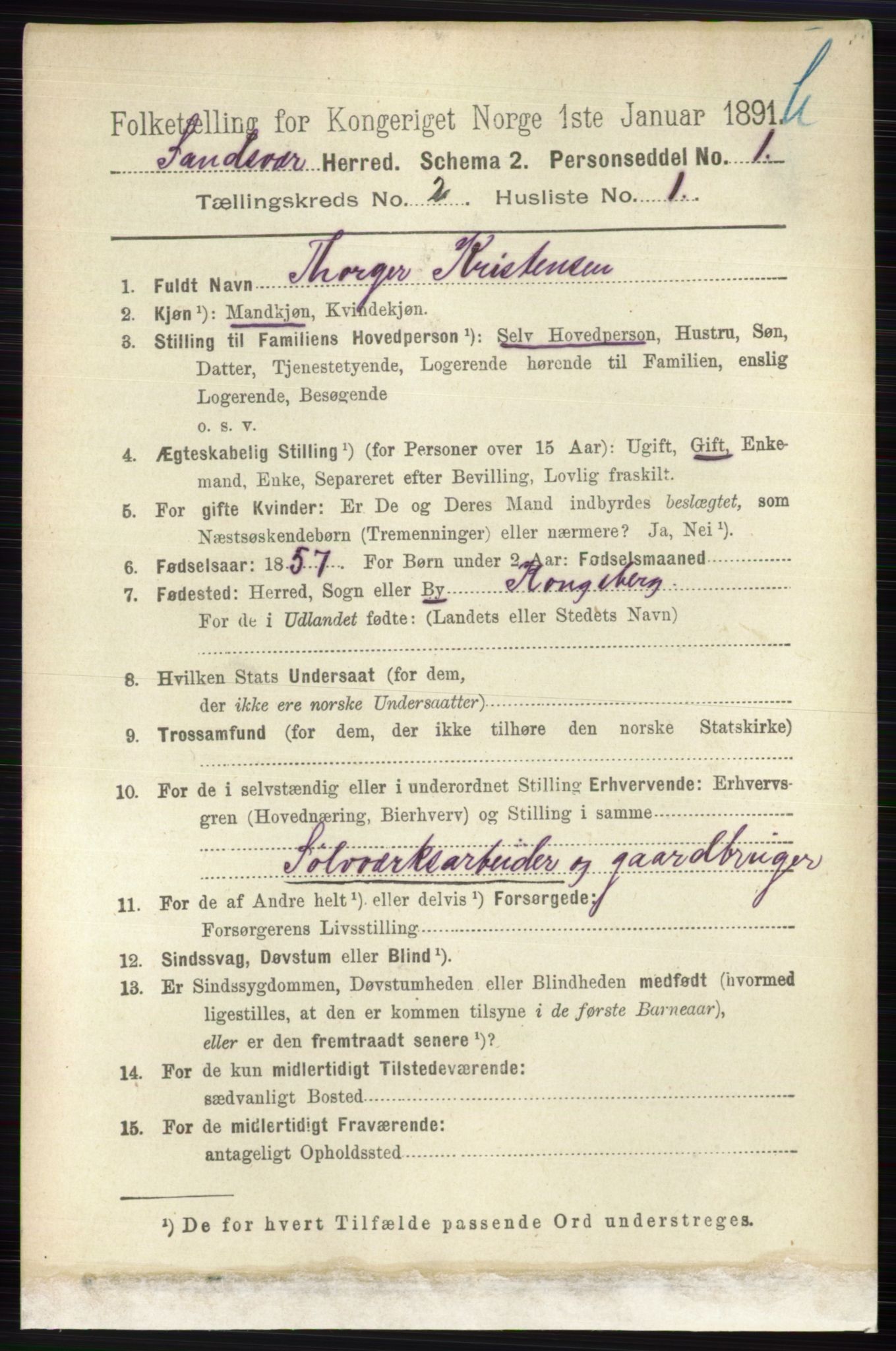 RA, 1891 census for 0629 Sandsvær, 1891, p. 5727