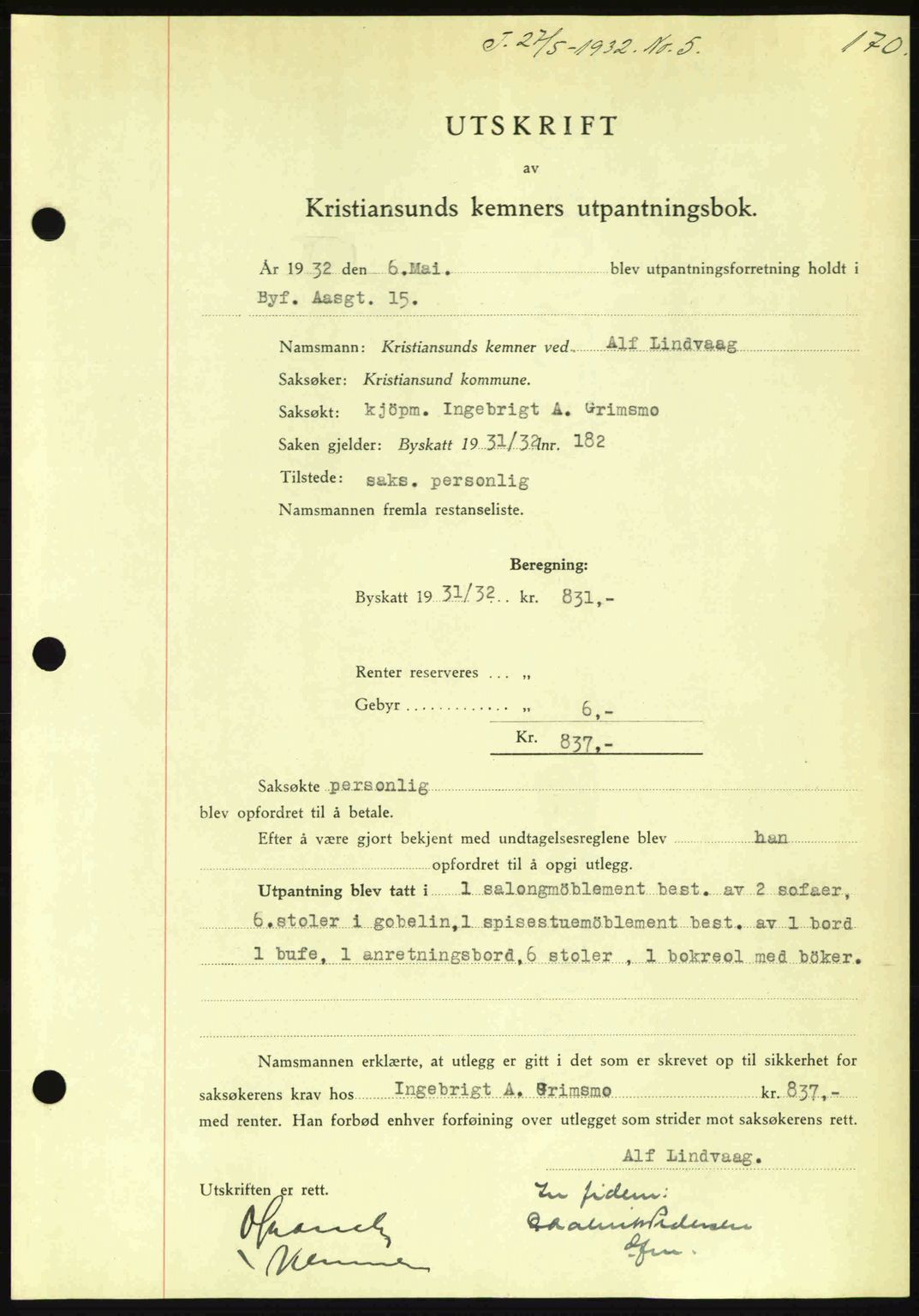 Kristiansund byfogd, AV/SAT-A-4587/A/27: Mortgage book no. 26, 1931-1933, Deed date: 27.05.1932