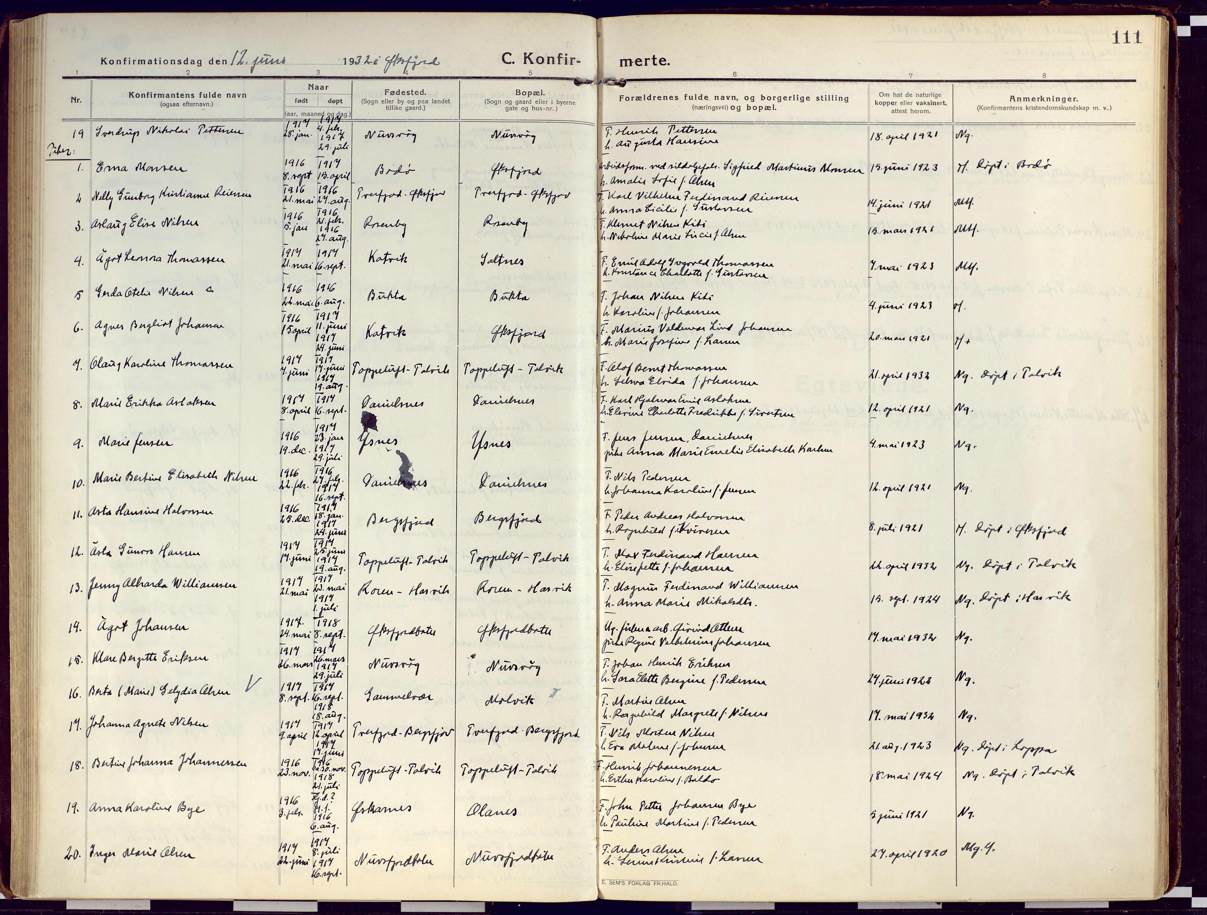 Loppa sokneprestkontor, SATØ/S-1339/H/Ha/L0012kirke: Parish register (official) no. 12, 1917-1932, p. 111
