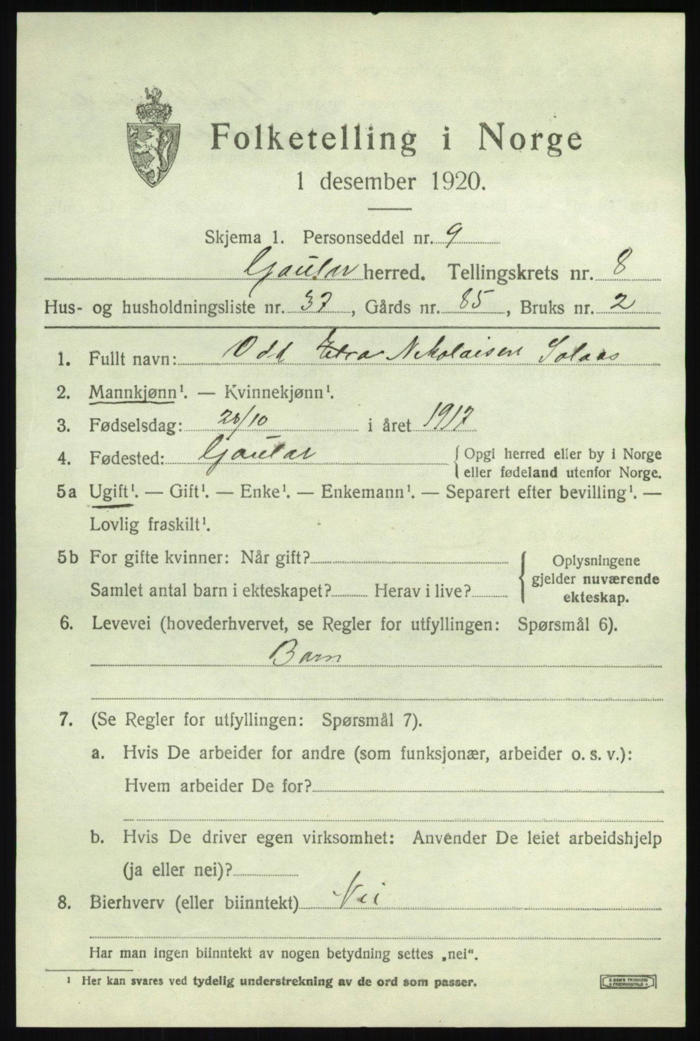 SAB, 1920 census for Gaular, 1920, p. 4162