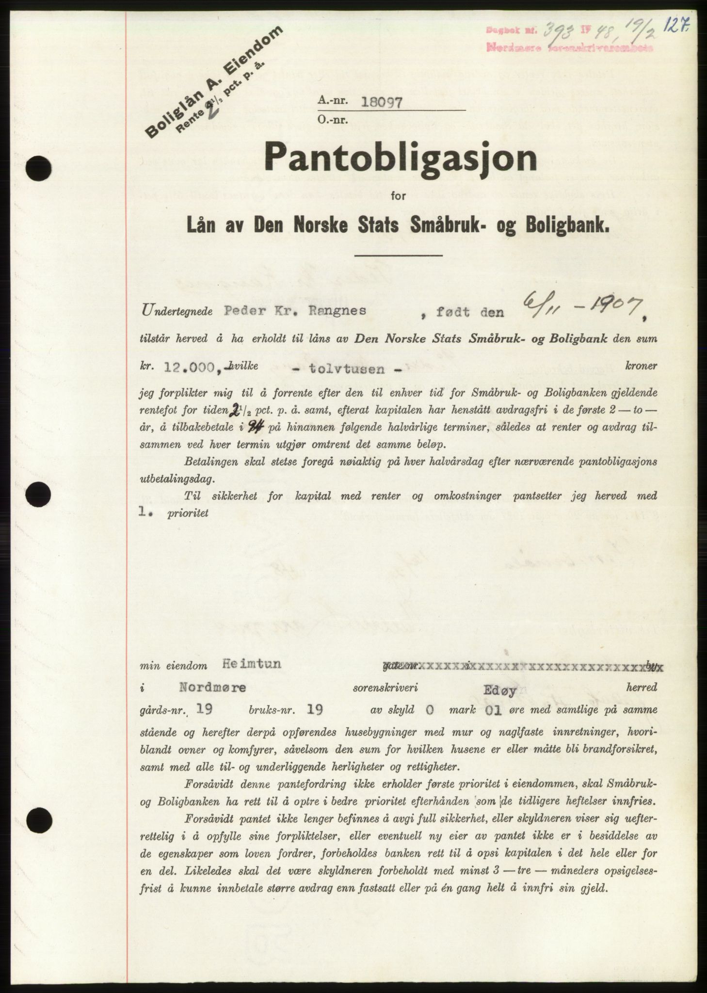 Nordmøre sorenskriveri, AV/SAT-A-4132/1/2/2Ca: Mortgage book no. B98, 1948-1948, Diary no: : 393/1948