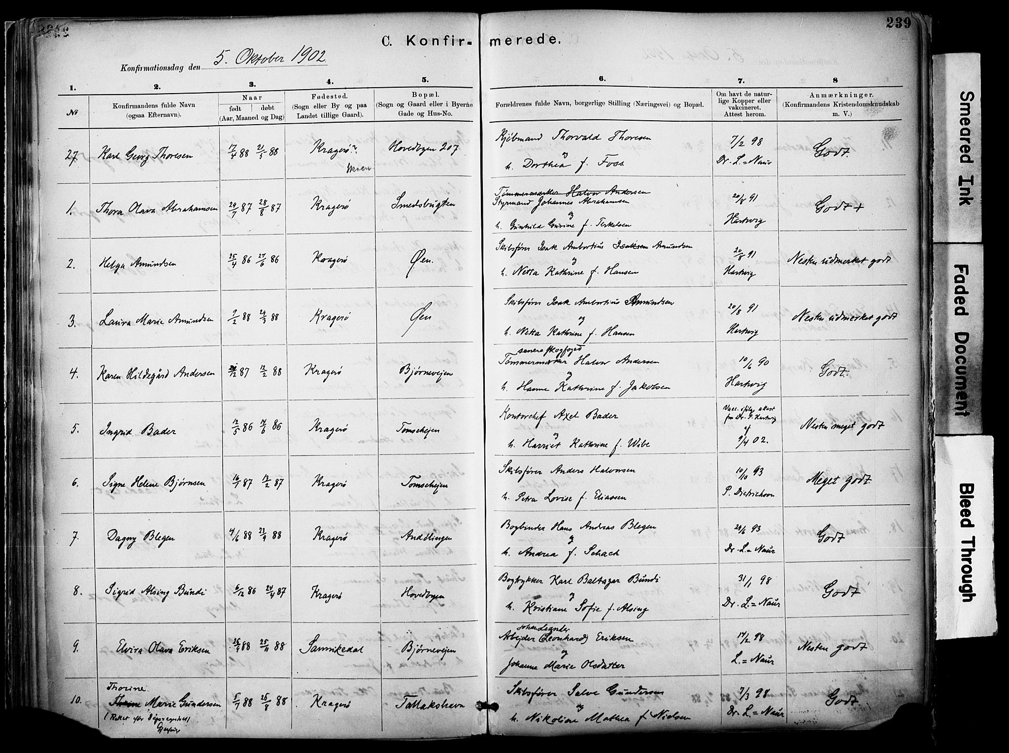 Kragerø kirkebøker, SAKO/A-278/F/Fa/L0012: Parish register (official) no. 12, 1880-1904, p. 239