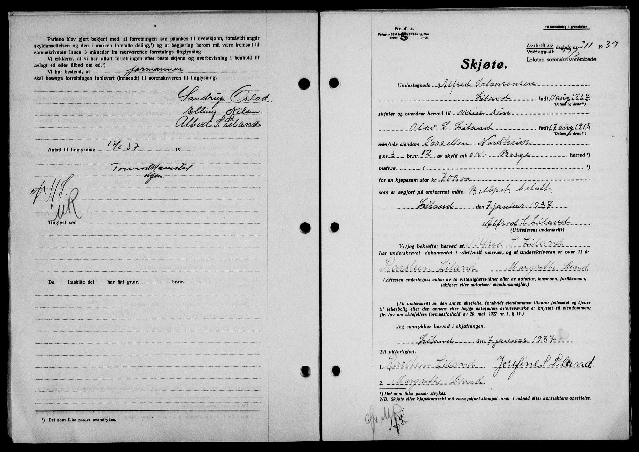 Lofoten sorenskriveri, SAT/A-0017/1/2/2C/L0001a: Mortgage book no. 1a, 1936-1937, Diary no: : 311/1937