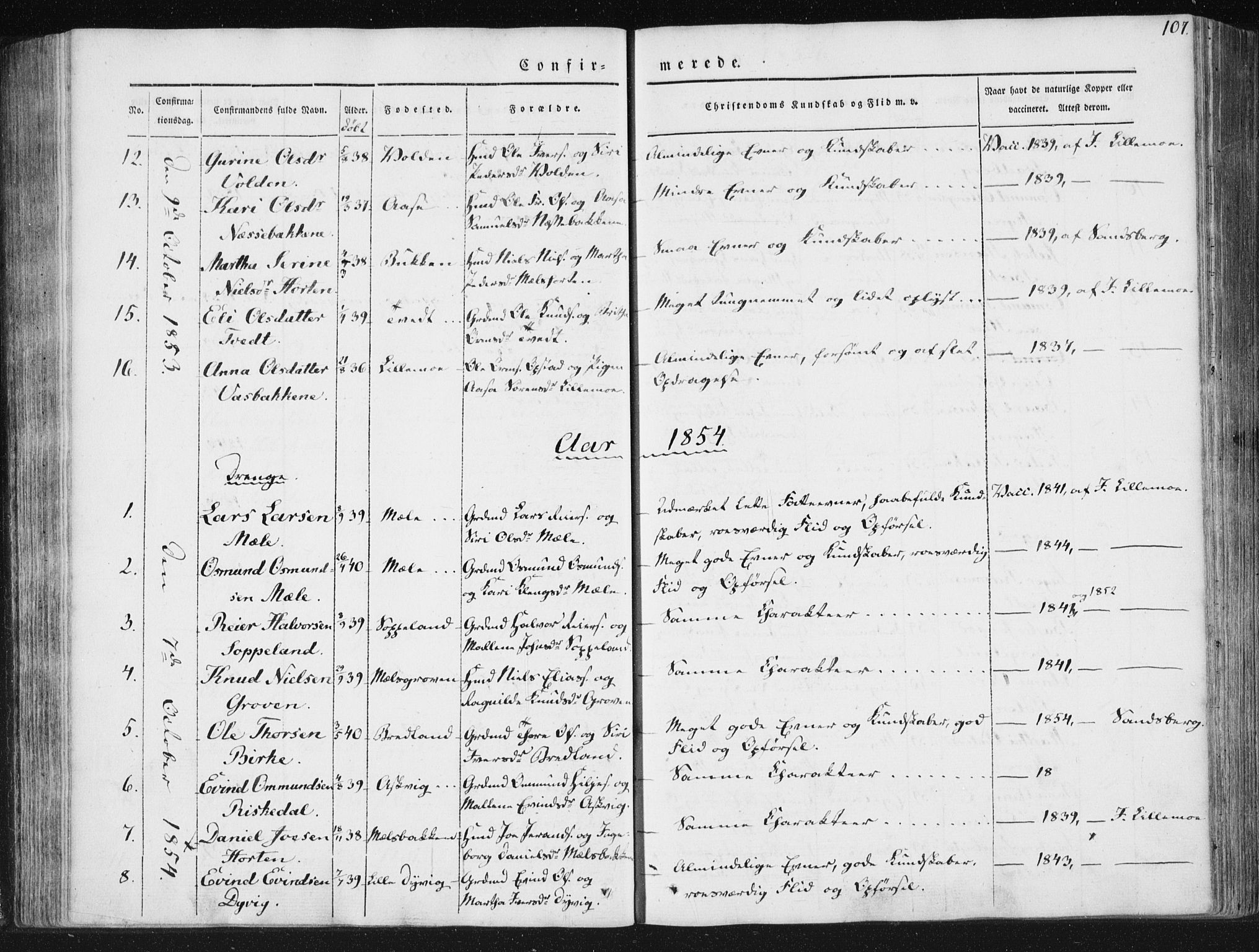 Hjelmeland sokneprestkontor, AV/SAST-A-101843/01/IV/L0008: Parish register (official) no. A 8, 1842-1861, p. 107