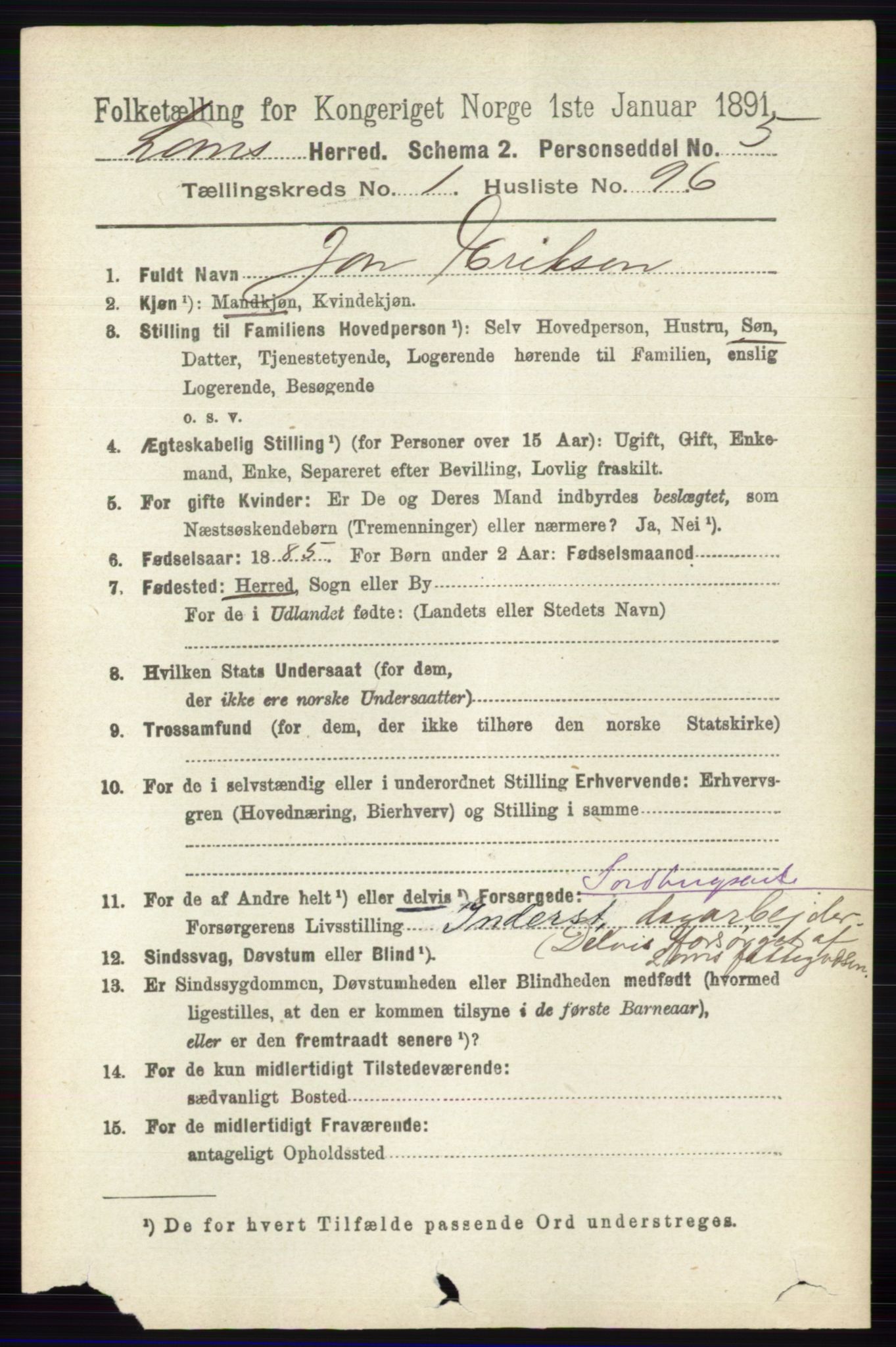 RA, 1891 census for 0514 Lom, 1891, p. 707