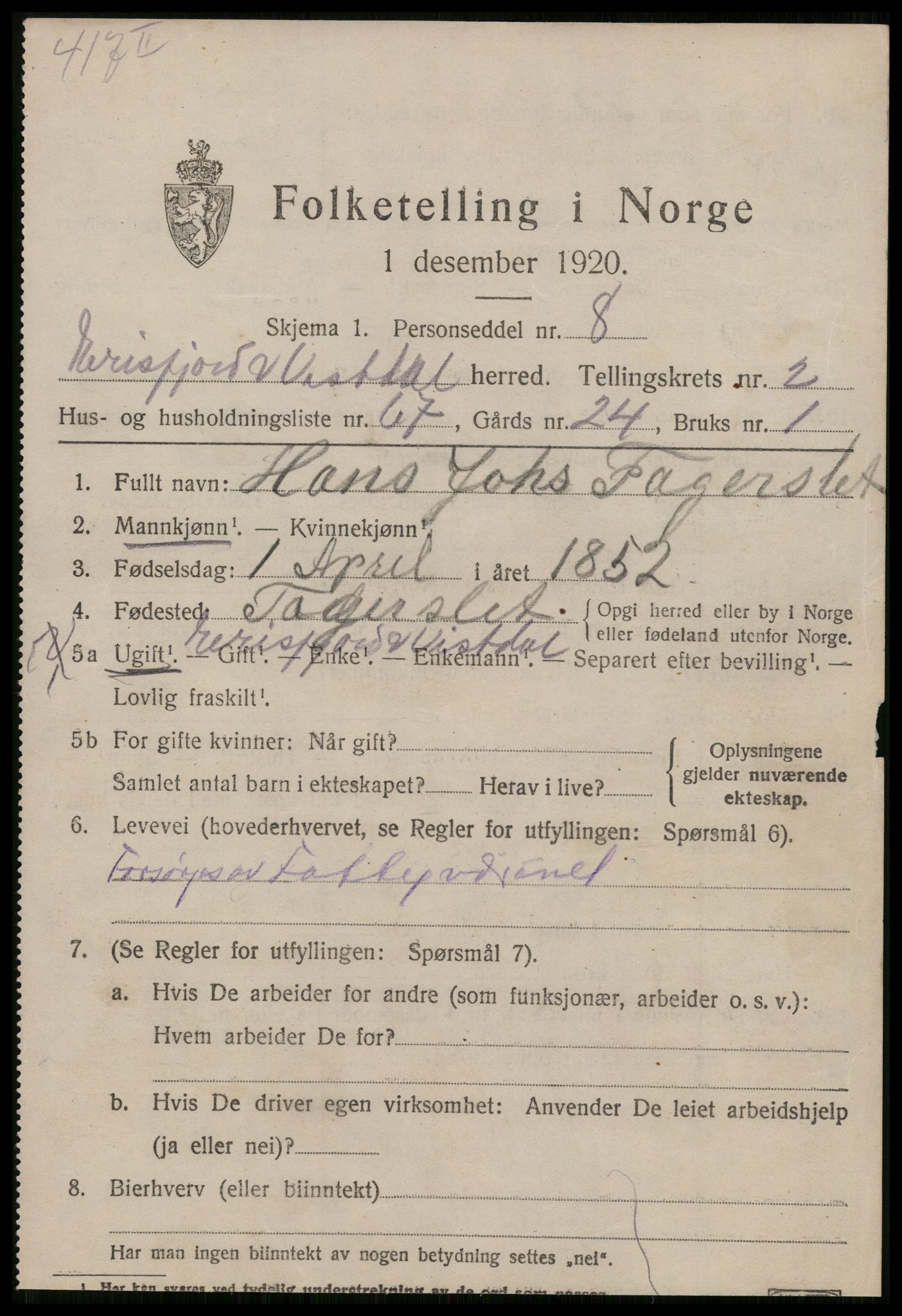 SAT, 1920 census for Eresfjord og Vistdal, 1920, p. 1651