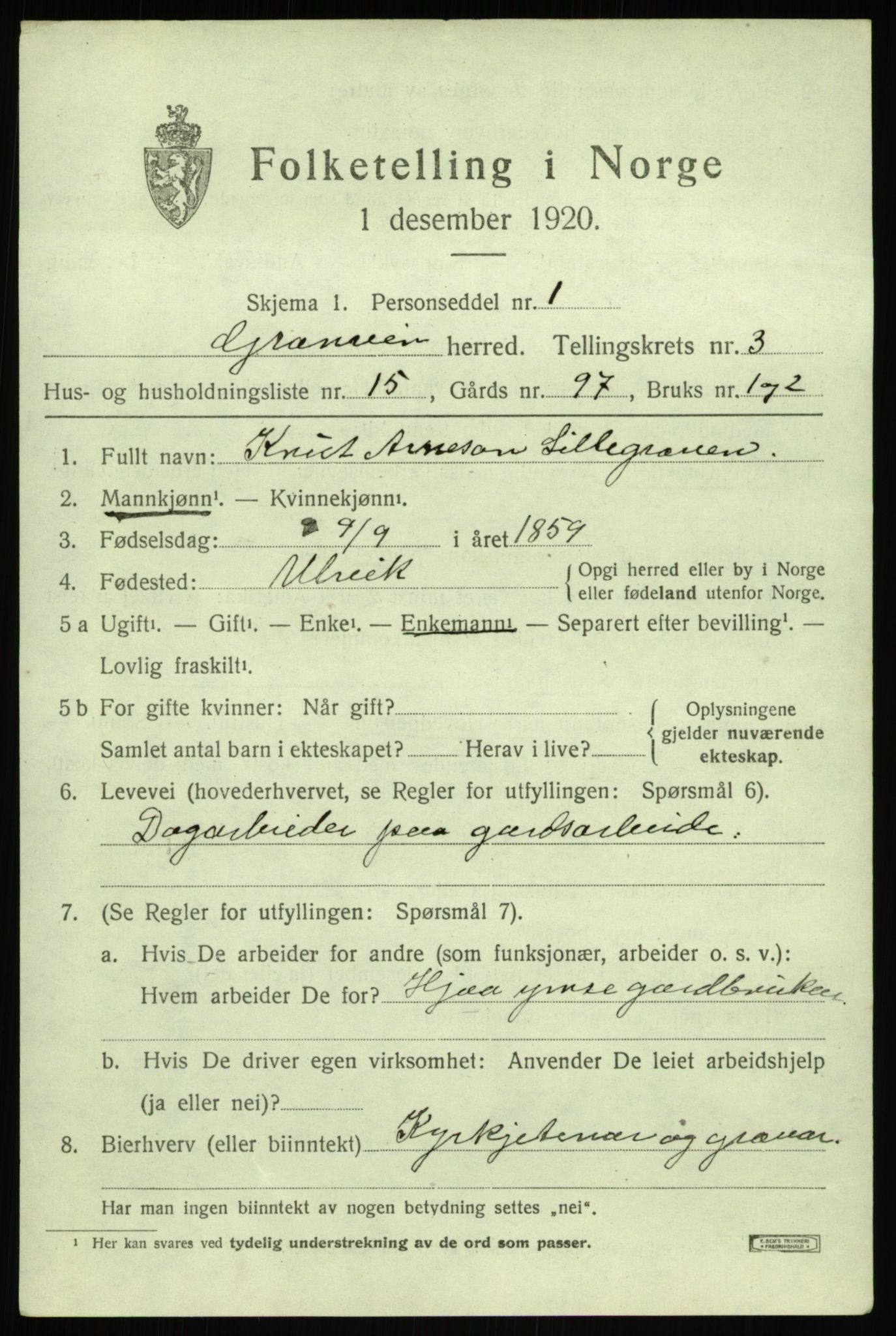 SAB, 1920 census for Granvin, 1920, p. 1306