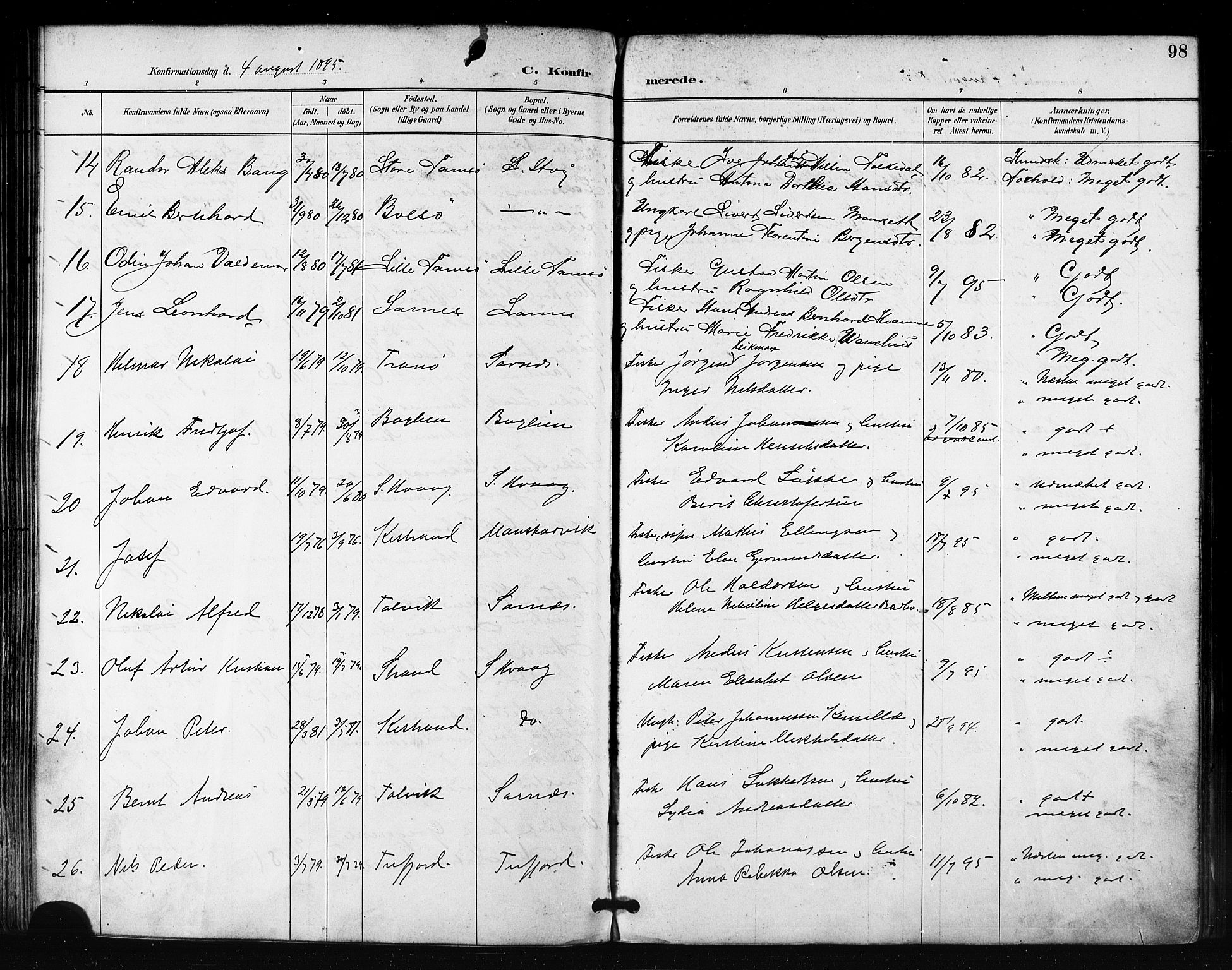Måsøy sokneprestkontor, SATØ/S-1348/H/Ha/L0007kirke: Parish register (official) no. 7, 1887-1899, p. 98