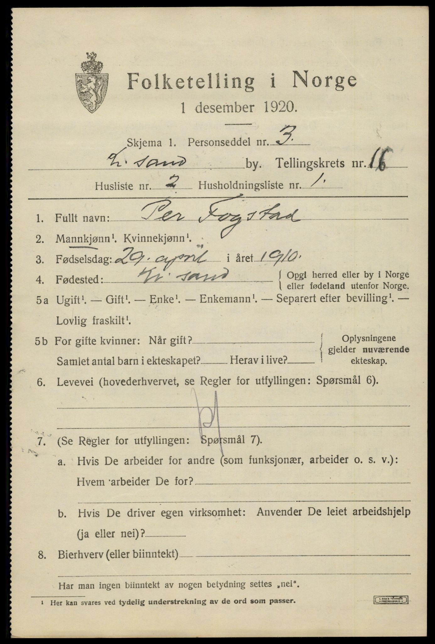 SAK, 1920 census for Kristiansand, 1920, p. 31399