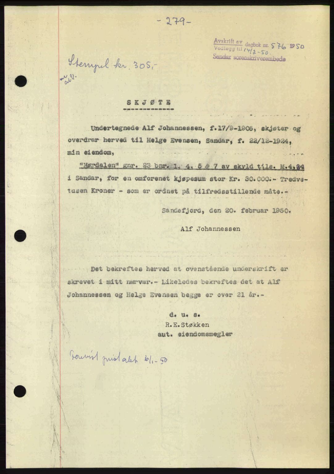 Sandar sorenskriveri, SAKO/A-86/G/Ga/Gaa/L0020: Mortgage book no. A-20, 1949-1950, Diary no: : 576/1950