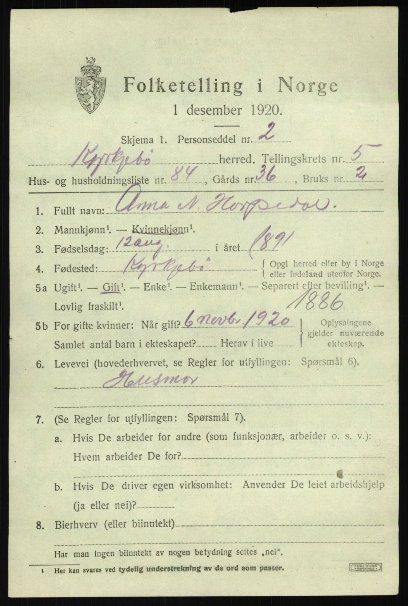 SAB, 1920 census for Kyrkjebø, 1920, p. 2915