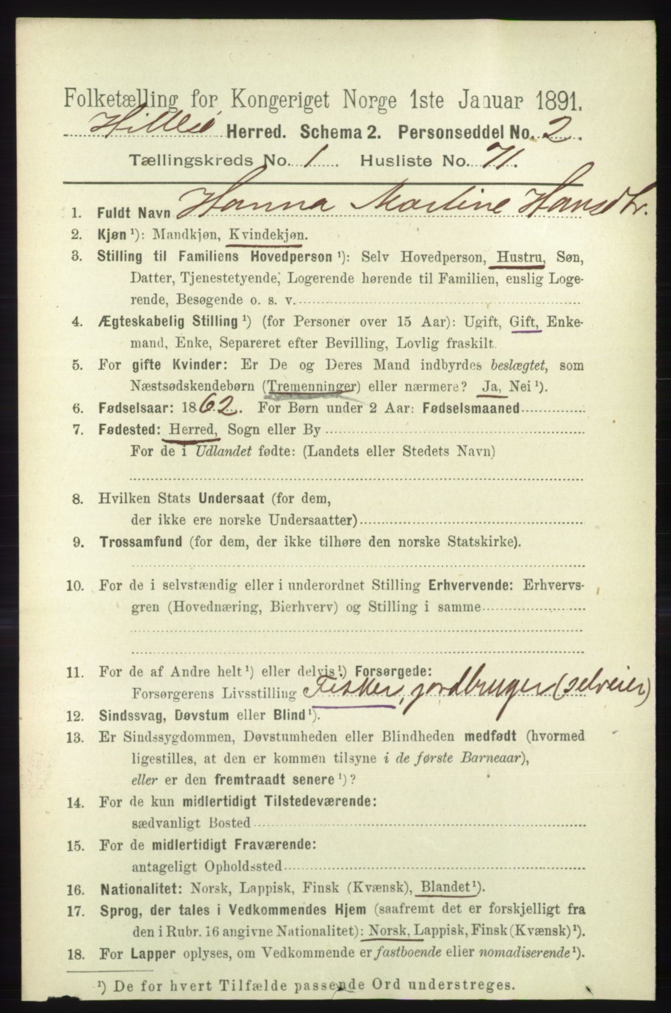 RA, 1891 census for 1930 Hillesøy, 1891, p. 561