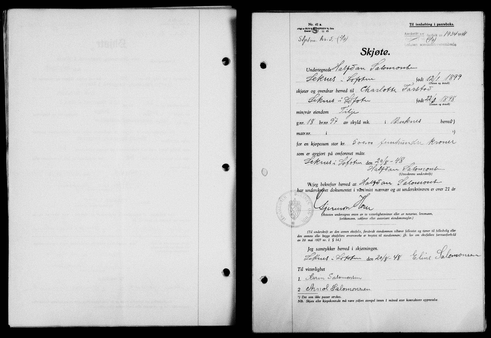 Lofoten sorenskriveri, SAT/A-0017/1/2/2C/L0019a: Mortgage book no. 19a, 1948-1948, Diary no: : 1934/1948