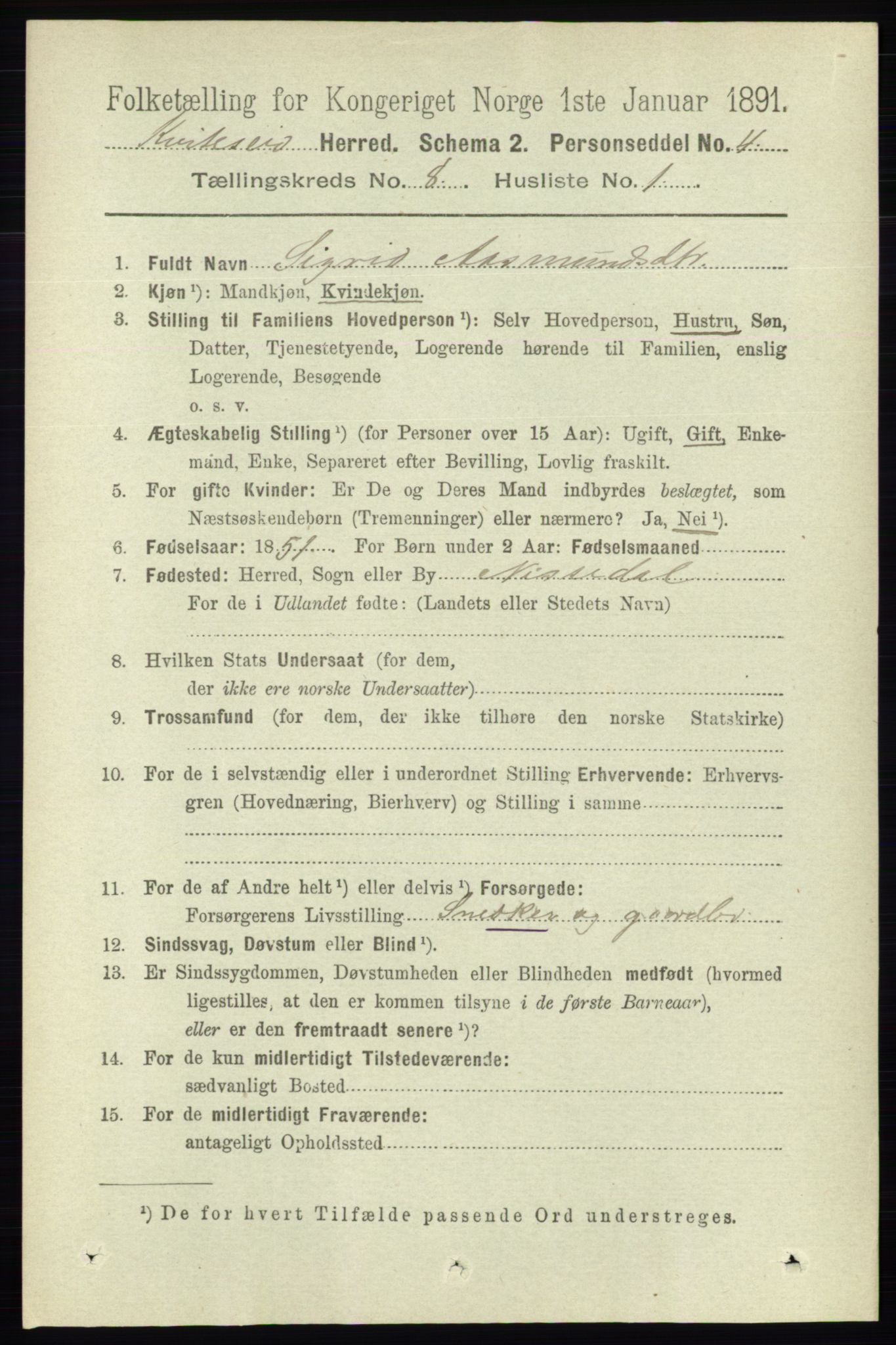 RA, 1891 census for 0829 Kviteseid, 1891, p. 1607