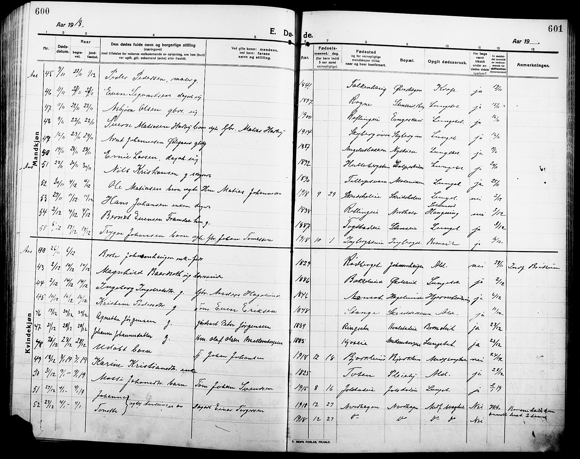 Ringsaker prestekontor, SAH/PREST-014/L/La/L0018: Parish register (copy) no. 18, 1913-1922, p. 600-601