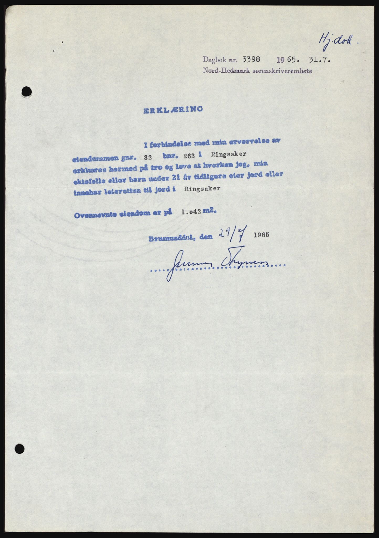 Nord-Hedmark sorenskriveri, SAH/TING-012/H/Hc/L0022: Mortgage book no. 22, 1965-1965, Diary no: : 3398/1965