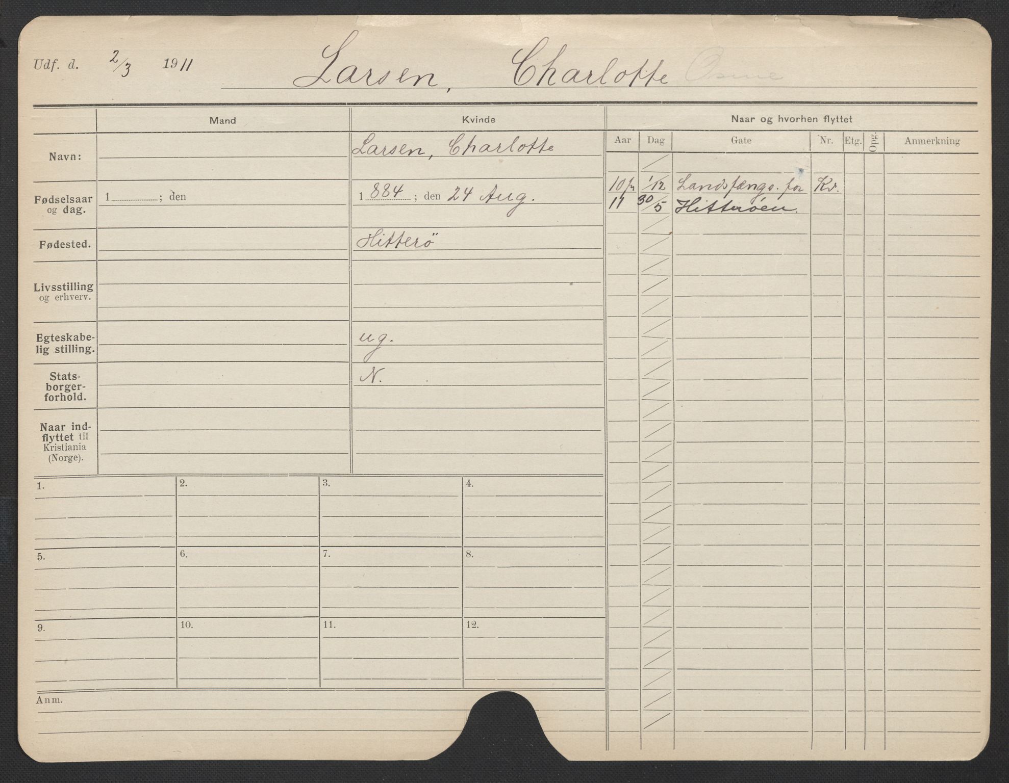 Oslo folkeregister, Registerkort, AV/SAO-A-11715/F/Fa/Fac/L0019: Kvinner, 1906-1914, p. 847a