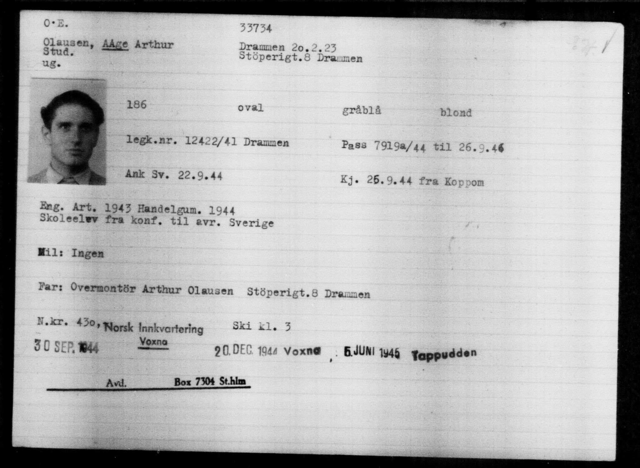 Utenriksstasjonene, Legasjonen i Stockholm, Flyktningkontoret, AV/RA-S-6753/V/Va/L0013: Kjesäterkartoteket, flyktninger med registreringsnr. 31500-34731, 1940-1945, p. 2359