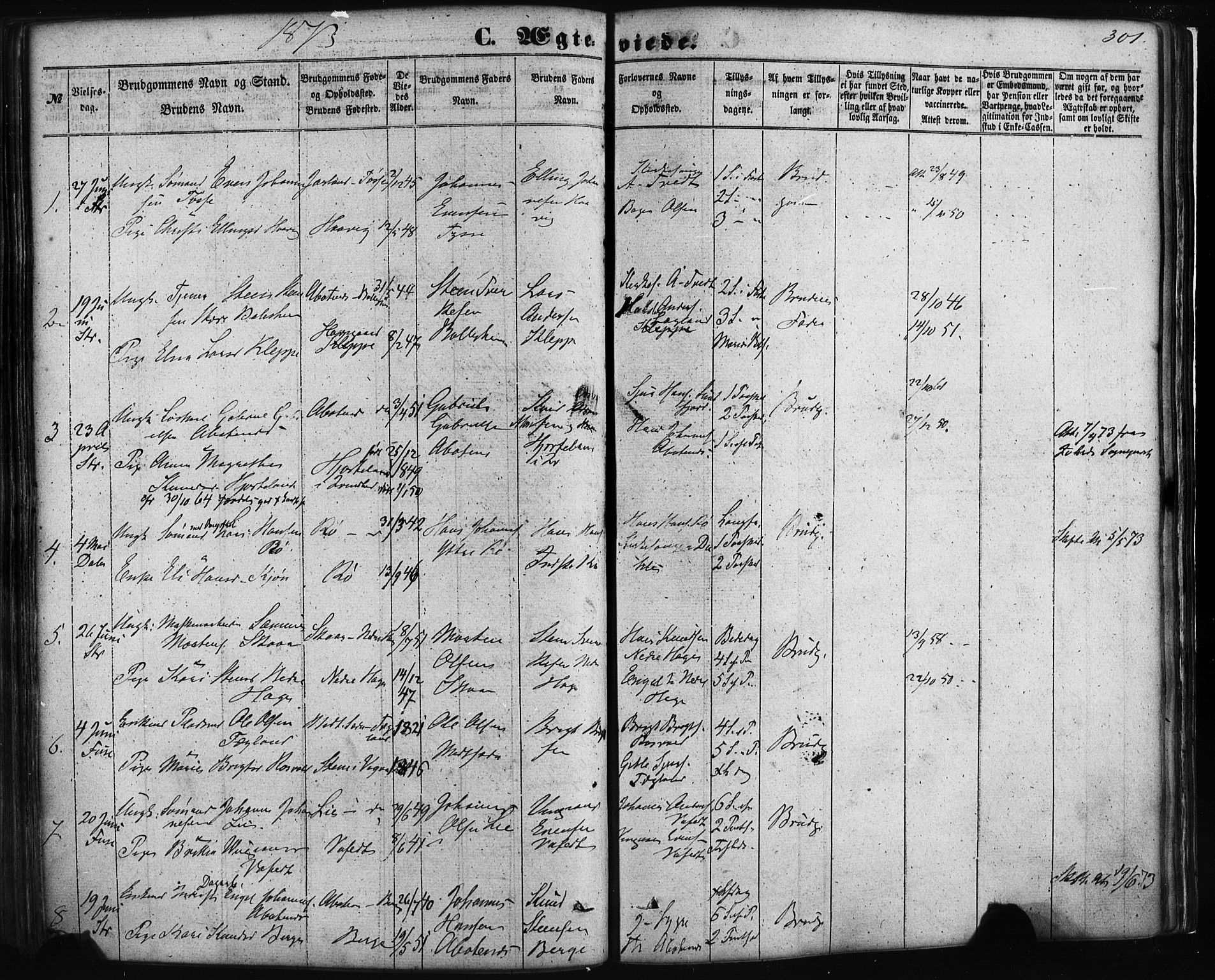 Fusa sokneprestembete, AV/SAB-A-75401/H/Haa: Parish register (official) no. A 1I, 1855-1879, p. 301