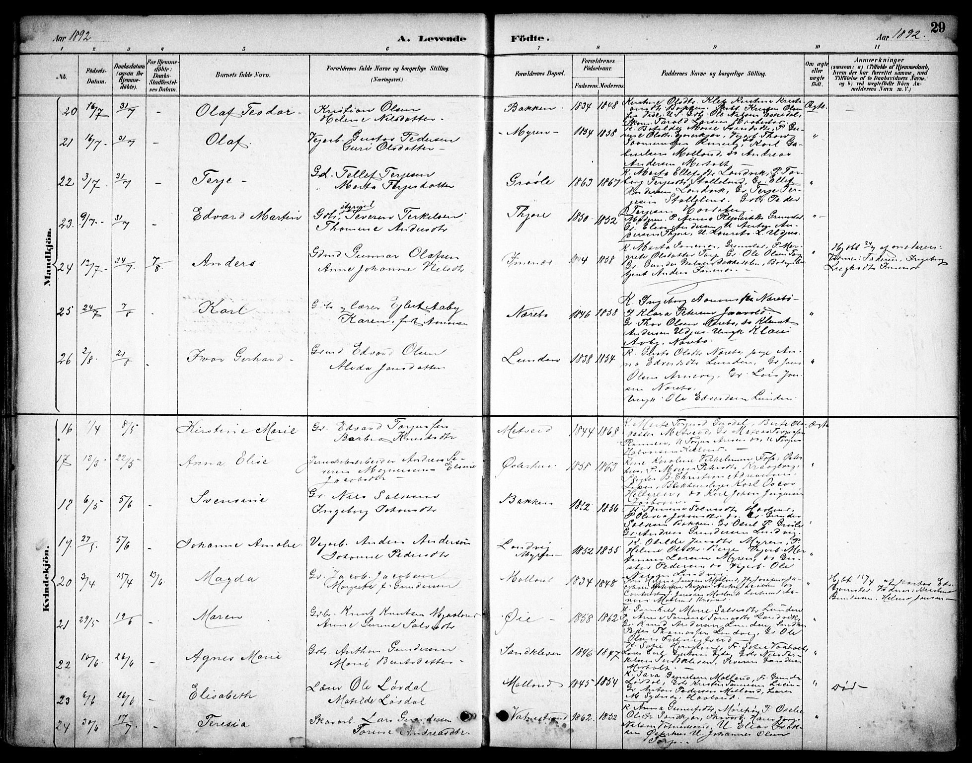 Hommedal sokneprestkontor, AV/SAK-1111-0023/F/Fb/Fbb/L0007: Parish register (copy) no. B 7, 1885-1904, p. 29