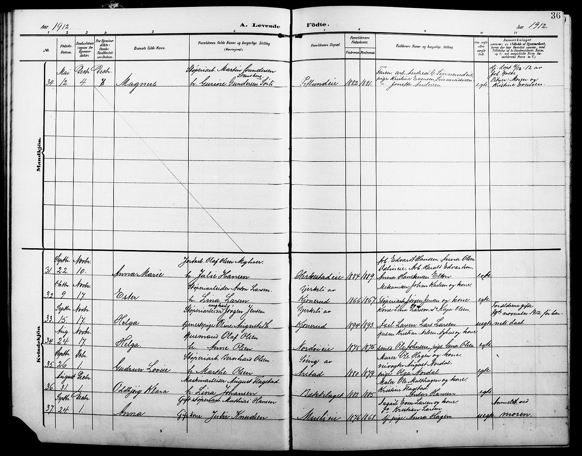 Stange prestekontor, AV/SAH-PREST-002/L/L0013: Parish register (copy) no. 13, 1906-1915, p. 36