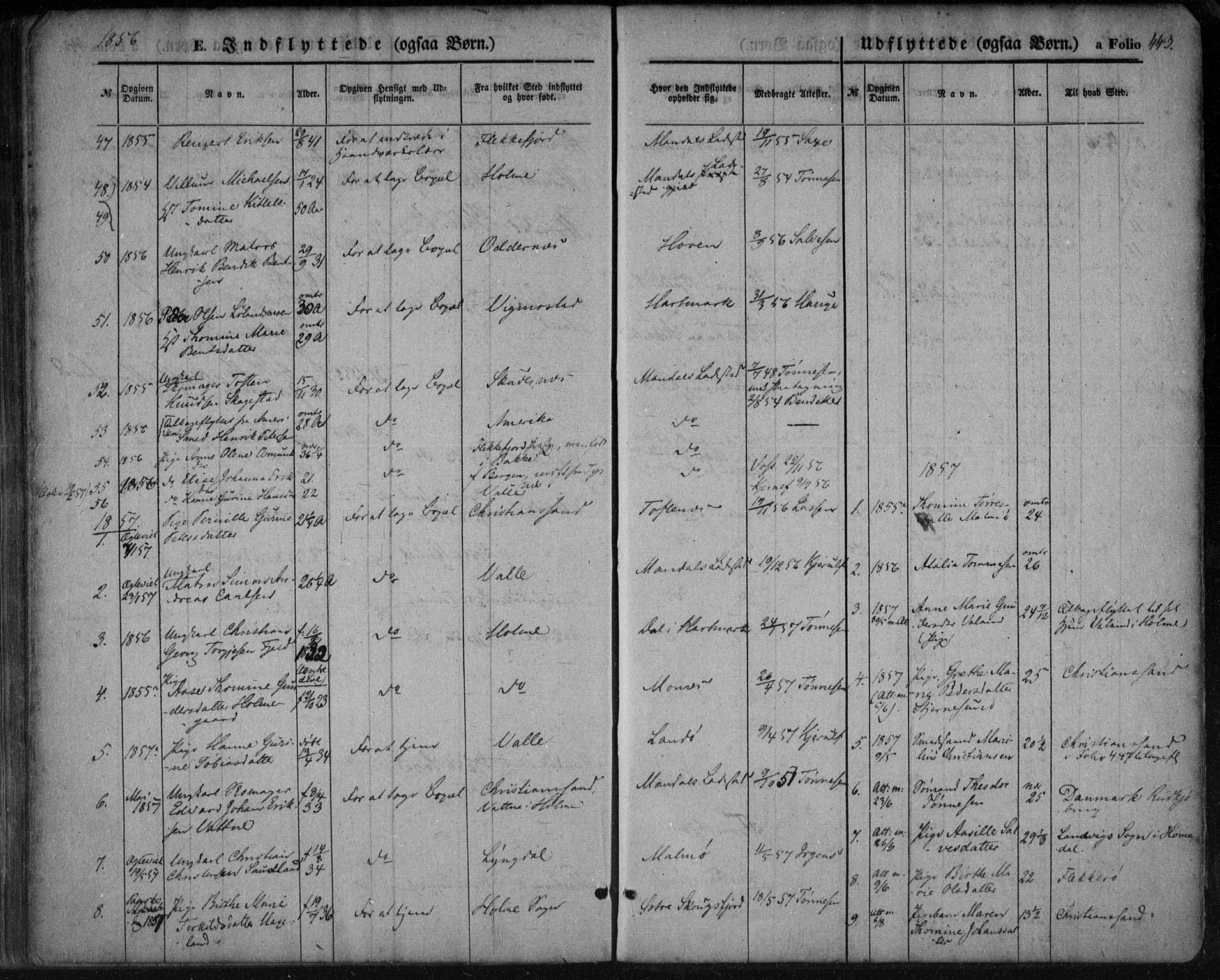 Mandal sokneprestkontor, SAK/1111-0030/F/Fa/Faa/L0013: Parish register (official) no. A 13, 1847-1859, p. 443