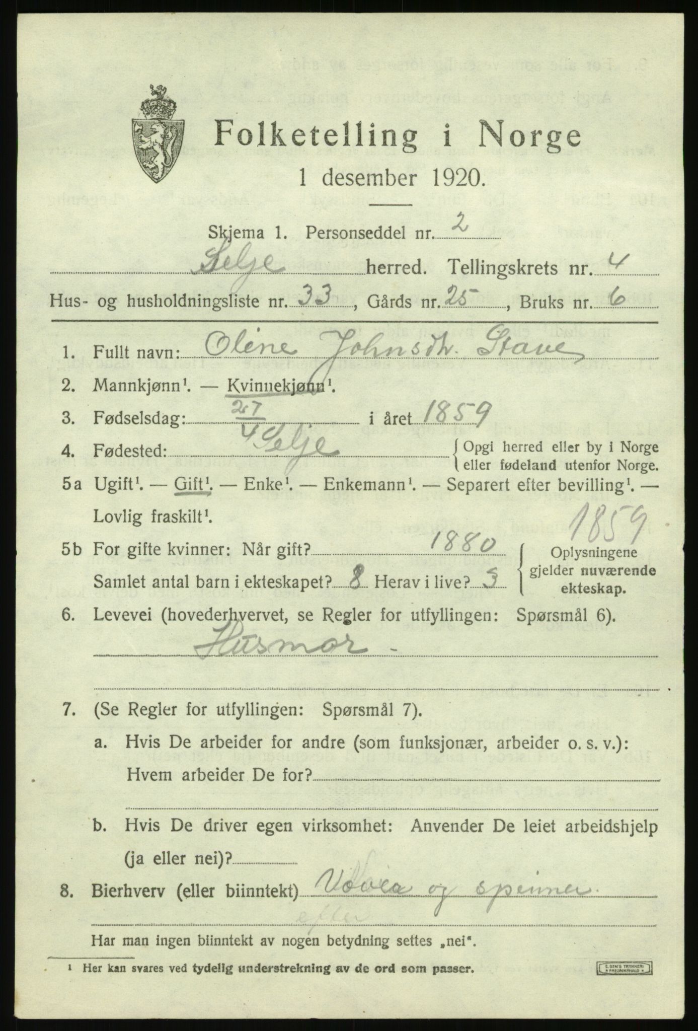 SAB, 1920 census for Selje, 1920, p. 3045