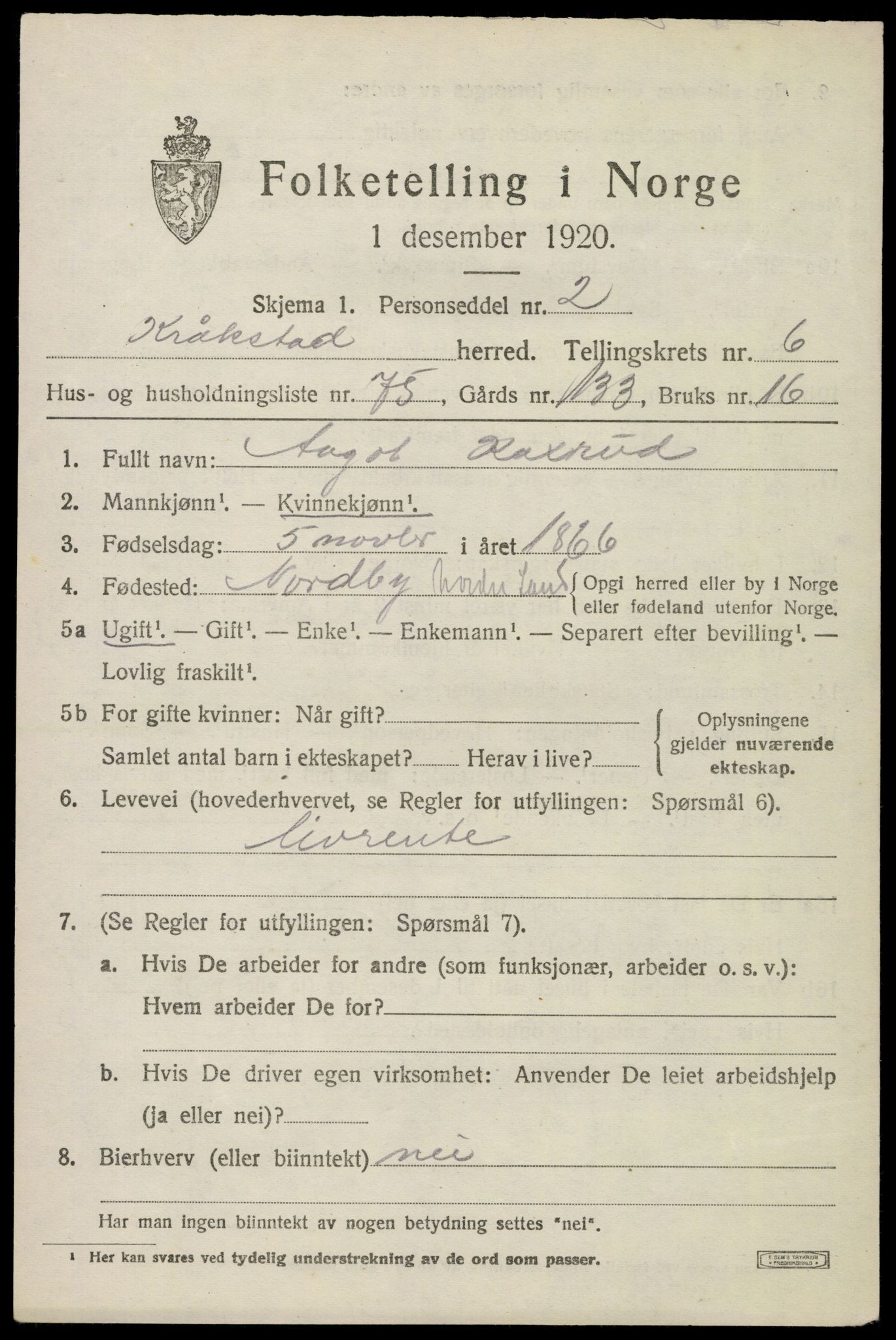 SAO, 1920 census for Kråkstad, 1920, p. 6885