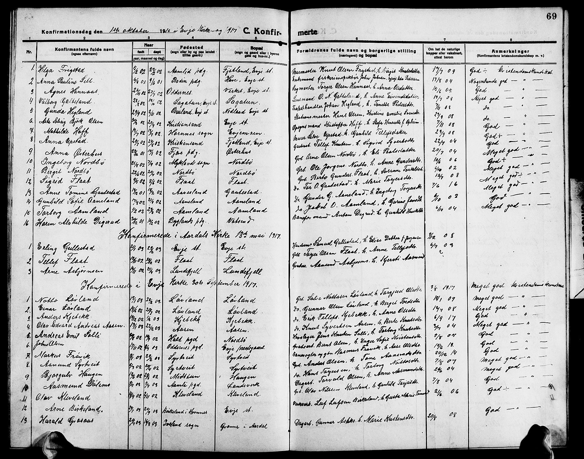 Evje sokneprestkontor, AV/SAK-1111-0008/F/Fb/Fba/L0005: Parish register (copy) no. B 5, 1914-1926, p. 69