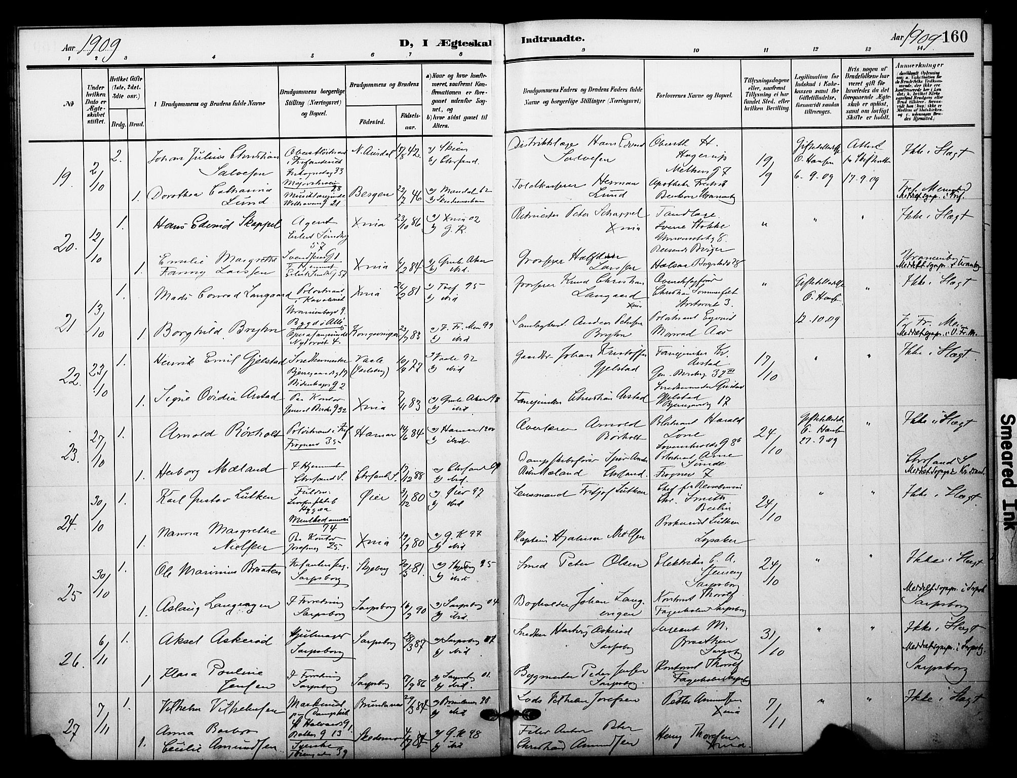 Garnisonsmenigheten Kirkebøker, SAO/A-10846/F/Fa/L0014: Parish register (official) no. 14, 1905-1914, p. 160